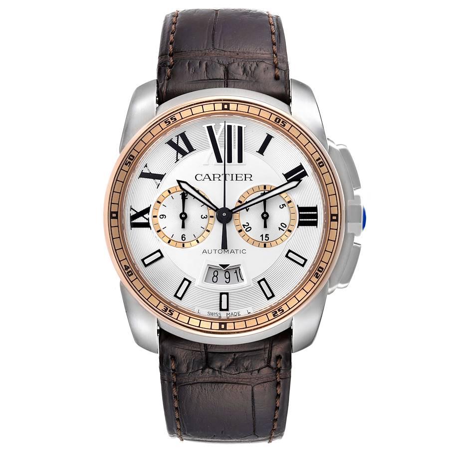Cartier Calibre Chronograph Steel Rose Gold Mens Watch W7100043 Box Papers. Automatic self-winding chronograph movement. Stainless steel round case 42 mm in diameter. Case thickness: 12.6 mm. Crown set with faceted blue sapphire. 18k rose gold