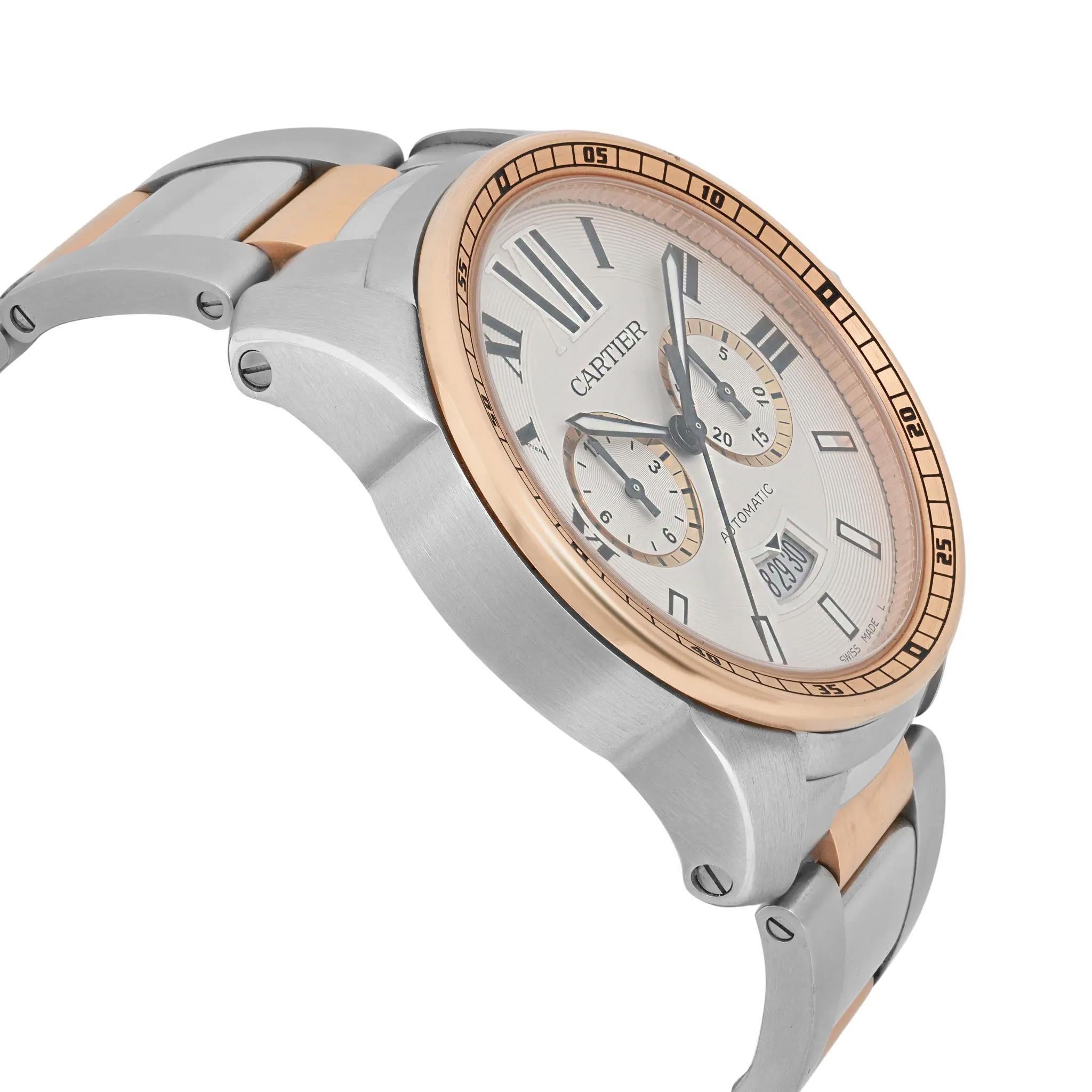 Cartier Calibre de Cartier 42mm 18K Rose Gold Stahl Elfenbein Zifferblatt Uhr W7100042 Herren im Angebot