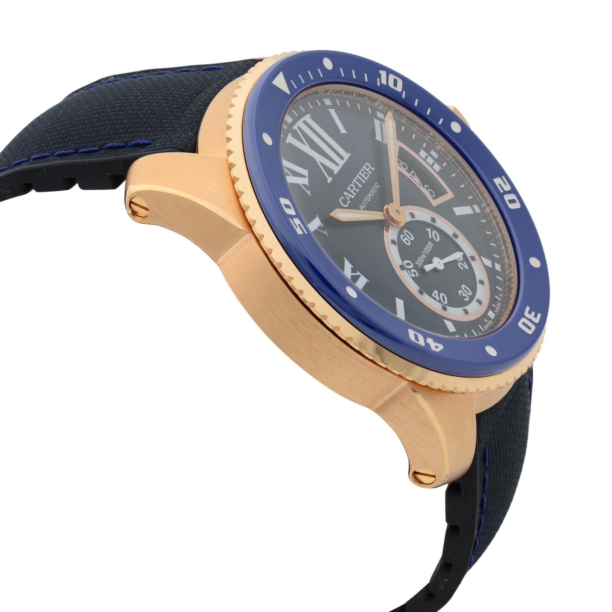 Cartier Calibre De Diver 18K Rose Gold Blue Dial Automatic Men’s Watch WGCA0009 In New Condition In New York, NY