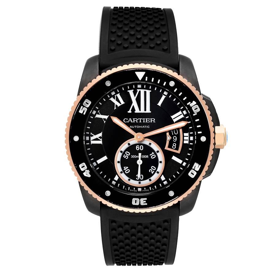 Cartier Calibre Diver ADLC Steel Rose Gold Mens Watch W2CA0004 Box Papers. Automatic self-winding movement. Black ADLC coated stainless steel round case 42.0 mm in diameter. 18K rose gold crown set with faceted blue spinel. Case thickness: 11 mm.