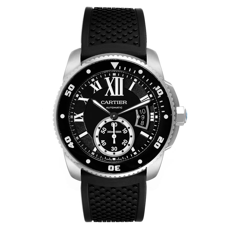 Cartier Calibre Diver Black Dial Rubber Strap Steel Mens Watch W7100056 Papers. Automatic self-winding movement. Stainless steel round case 42.0 mm in diameter. Crown cover with faceted blue spinel. Case thickness: 12.7 mm. Stainless steel