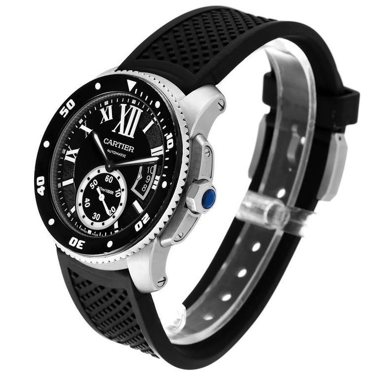 Cartier Calibre Diver Black Dial Rubber Strap Steel Mens Watch W7100056