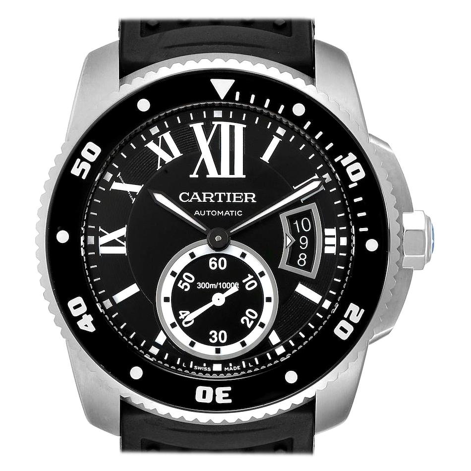 Cartier Calibre Diver Black Rubber Strap Steel Men's Watch W7100056 Box Papers