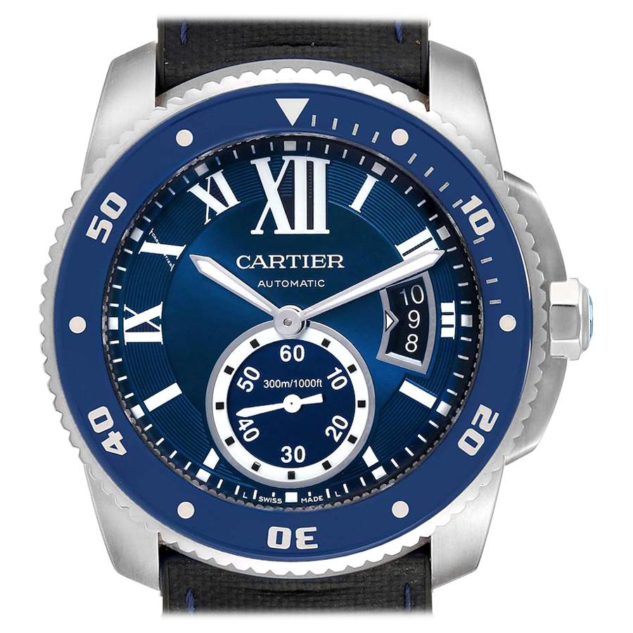 Cartier Calibre Diver Blue Dial Rubber Strap Steel Men's Watch WSCA0011 Papers