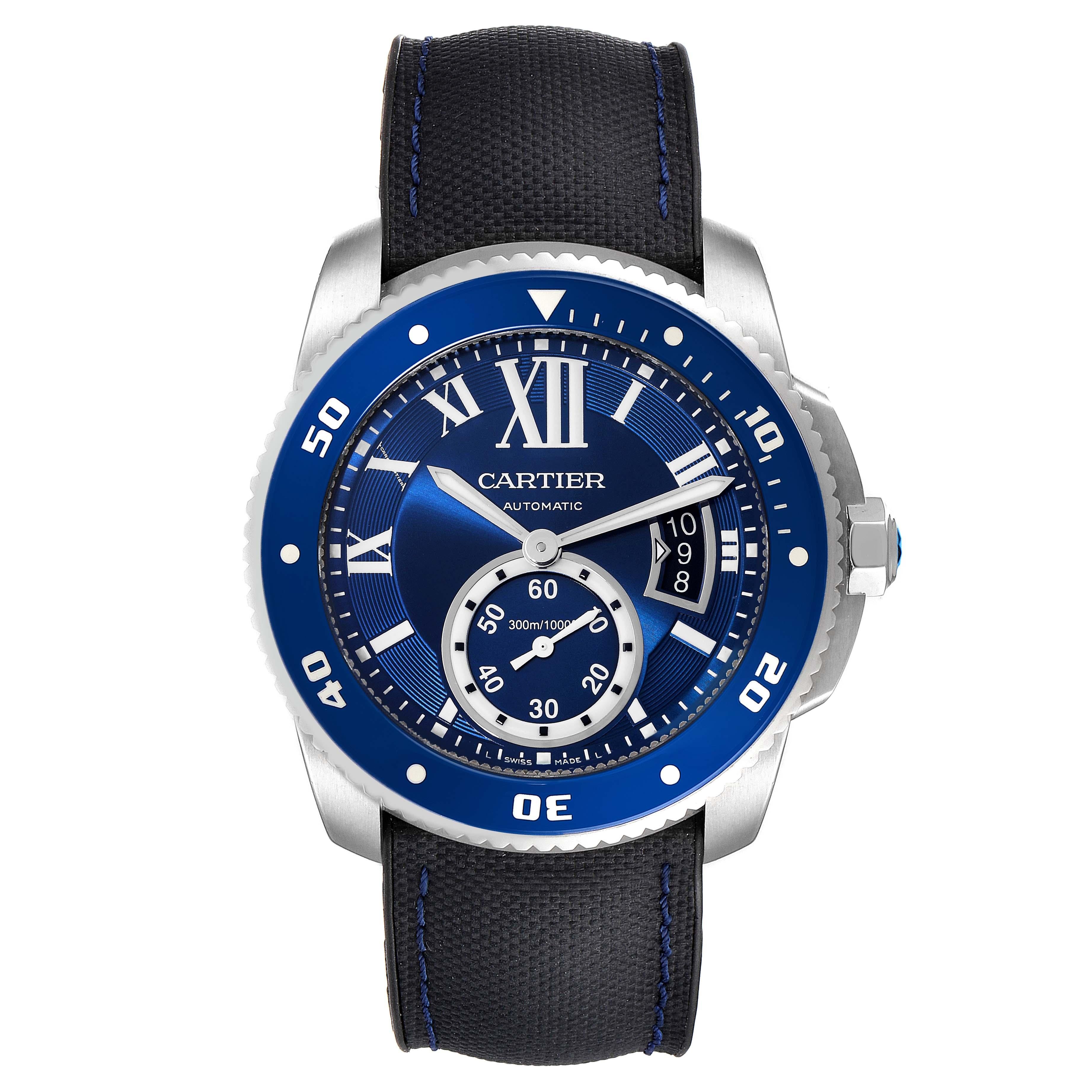 Cartier Calibre Diver Blue Dial Steel Mens Watch WSCA0010 Box Papers. Automatic self-winding movement. Stainless steel round case 42.0 mm in diameter. Crown set with faceted blue spinel. Case thickness: 11 mm. Blue ADLC coated stainless steel