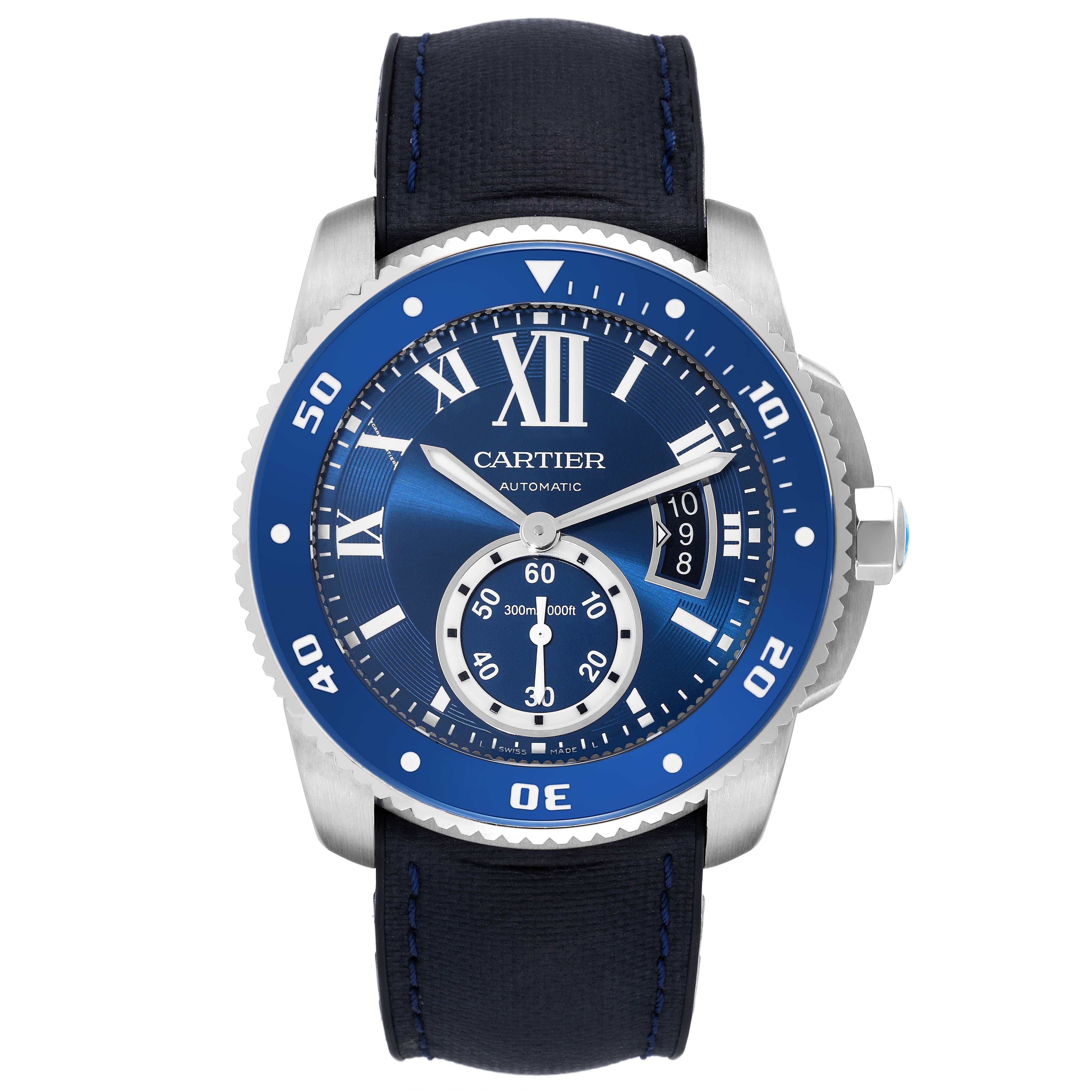 Cartier Calibre Diver Blue Dial Steel Mens Watch WSCA0010. Automatic self-winding movement. Stainless steel round case 42.0 mm in diameter. Crown set with faceted blue spinel. Case thickness: 11 mm. Blue ADLC-coated stainless steel unidirectional