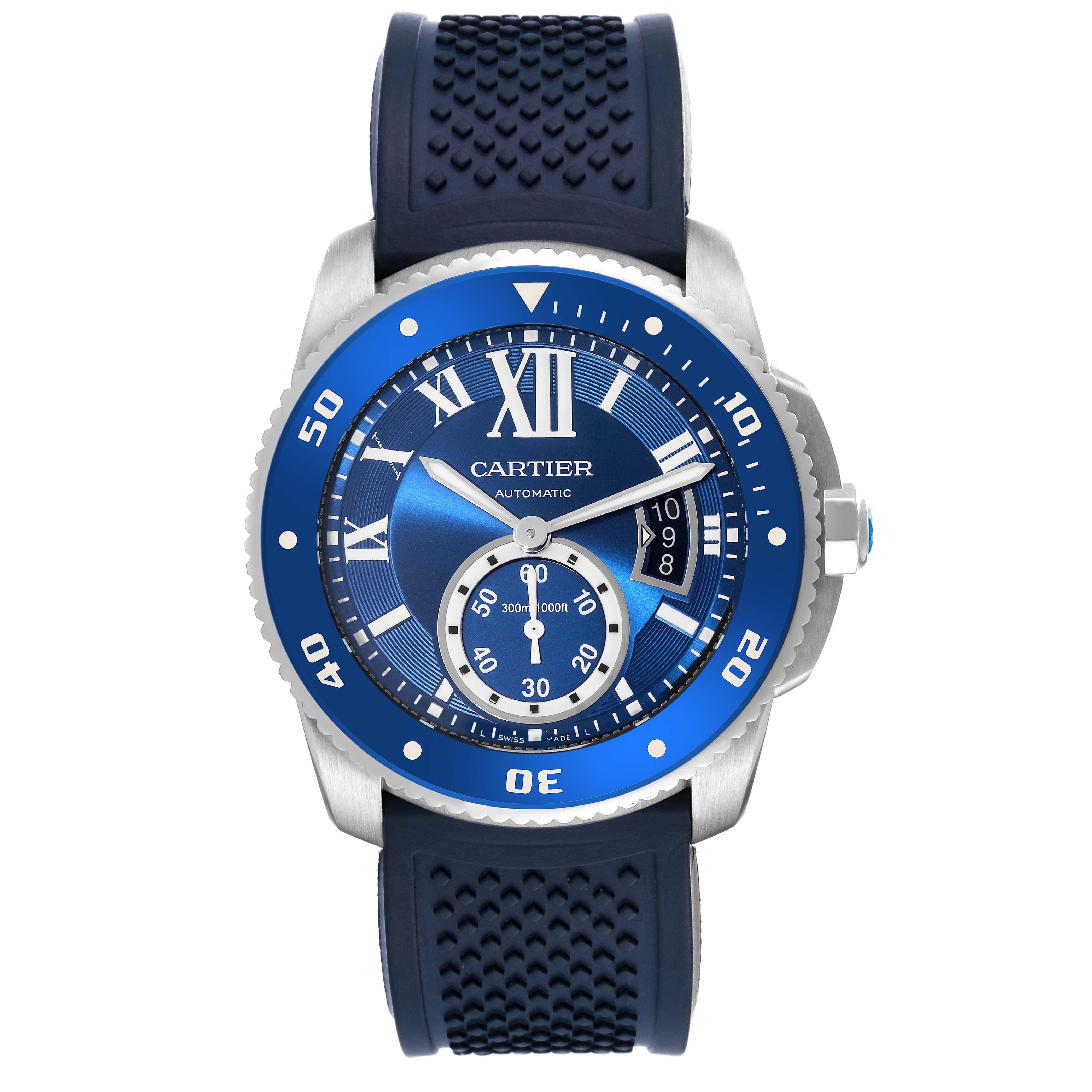 Cartier Calibre Diver Blue Dial Steel Mens Watch WSCA0010 Papers. Automatic self-winding movement. Stainless steel round case 42.0 mm in diameter. Crown set with faceted blue spinel. Case thickness: 11 mm. Blue ADLC-coated stainless steel