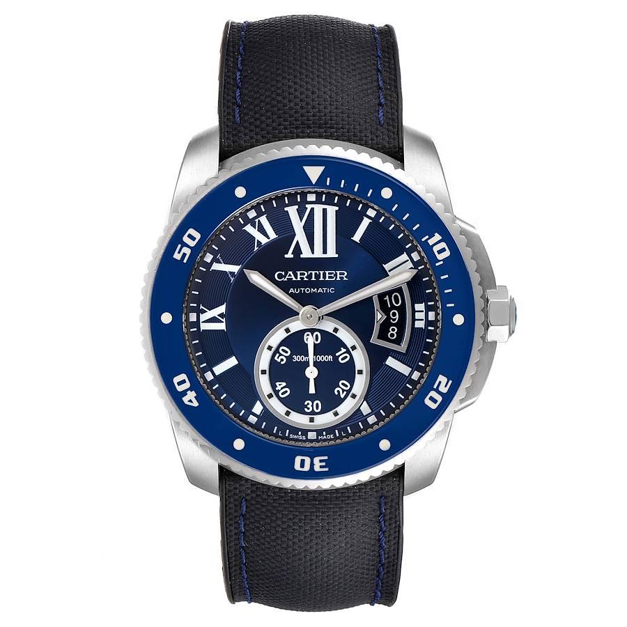 Cartier Calibre Diver Blue Dial Steel Mens Watch WSCA0011 Box Card. Automatic self-winding movement. 18K steel round case 42.0 mm in diameter. Crown set with faceted blue faceted spinel. Blue ceramic bezel with Super-LumiNova indicators. Scratch