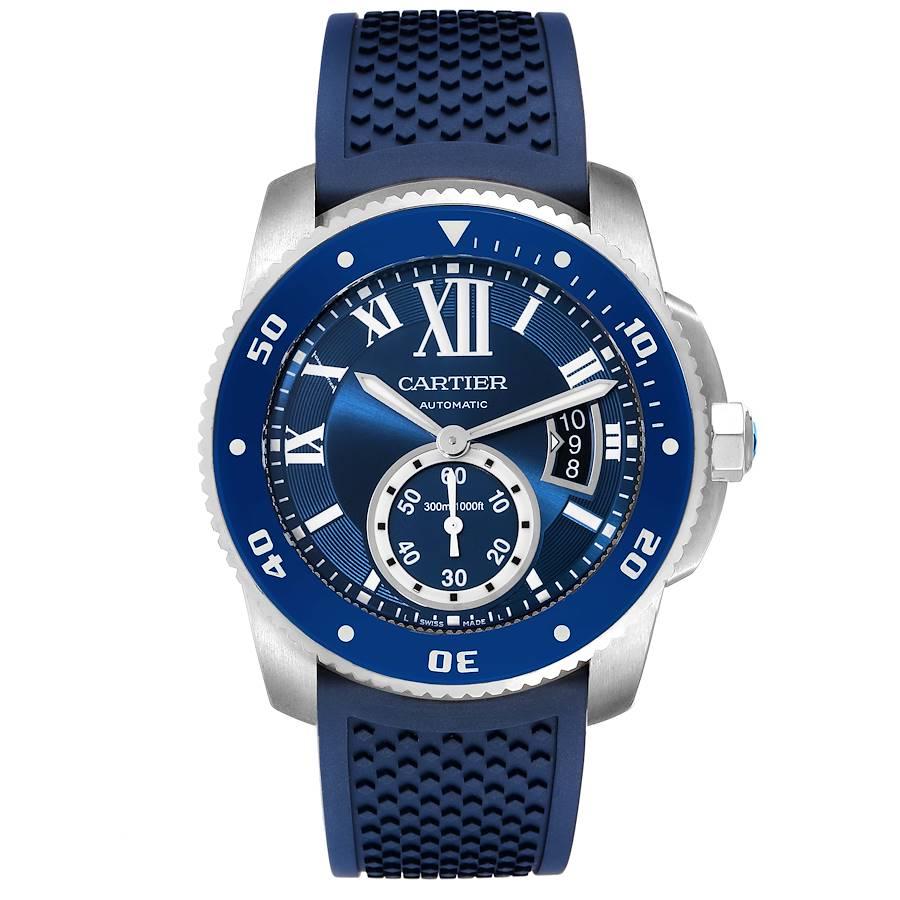 Cartier Calibre Diver Stainless Steel Blue Dial Watch WSCA0010 Papers. Automatic self-winding movement. Stainless steel round case 42.0 mm in diameter. Crown set with faceted blue spinel. Case thickness: 11 mm. Blue ADLC coated stainless steel
