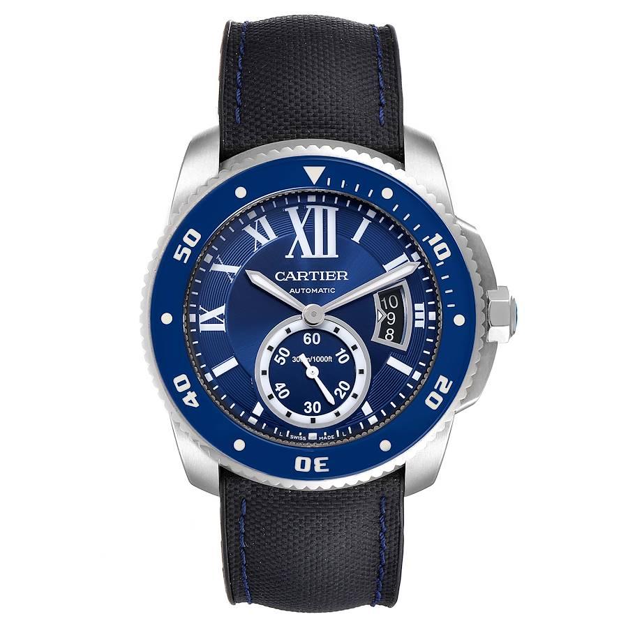 Cartier Calibre Diver Stainless Steel Blue Dial Watch WSCA0010 Unworn. Automatic self-winding movement. Stainless steel round case 42.0 mm in diameter. Crown set with faceted blue spinel. Case thickness: 11 mm. Blue ADLC coated stainless steel