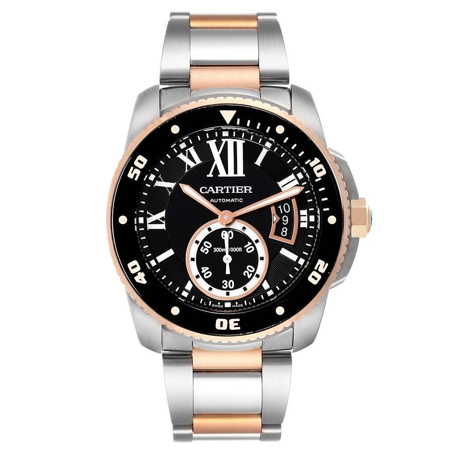 Cartier Calibre Diver Steel Rose Gold Black Dial Mens Watch W7100054 Box Papers. Automatic self-winding movement. Stainless steel round case 42.0 mm in diameter. 18K rose gold crown set with faceted blue spinel. Case thickness: 11 mm. Black ADLC