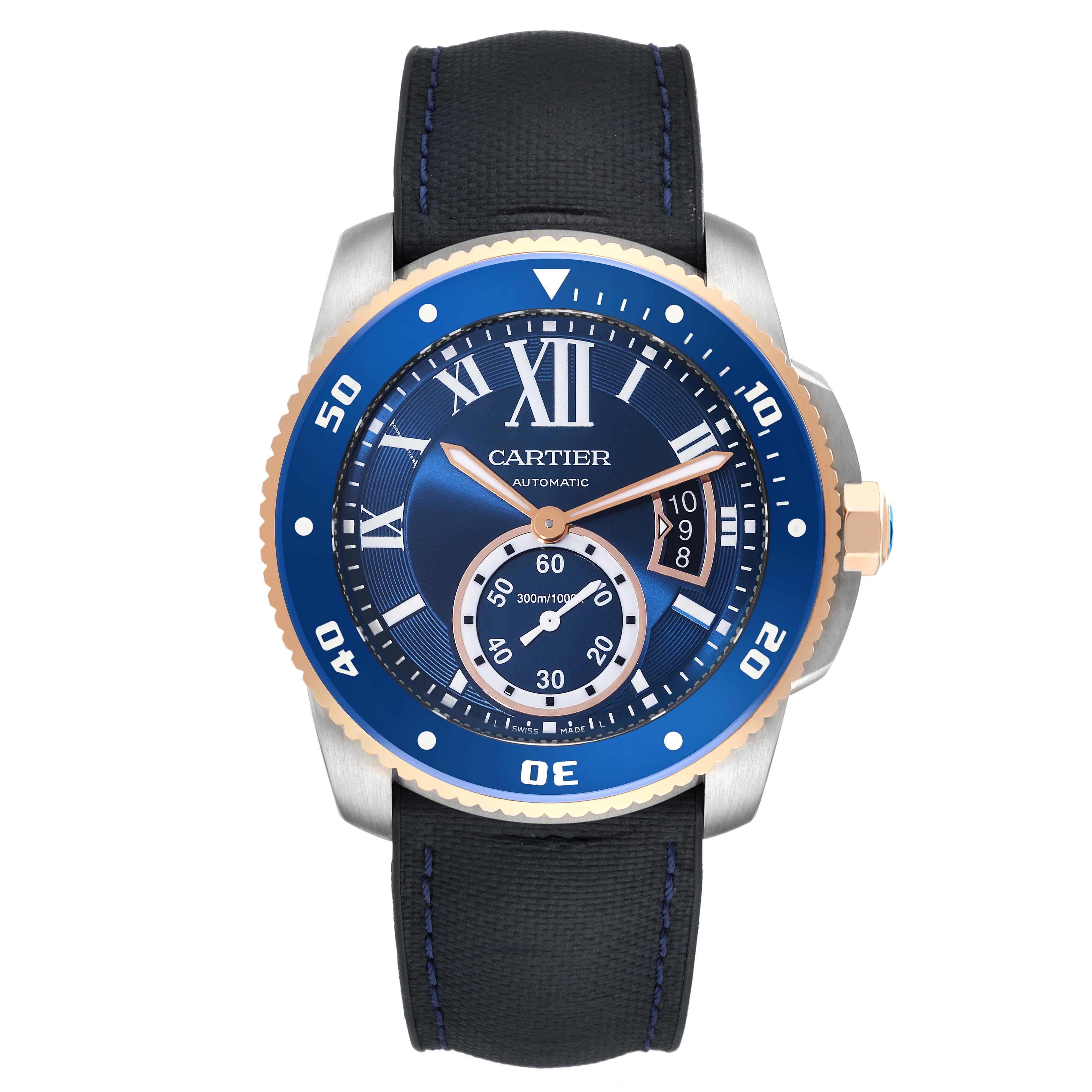 Cartier Calibre Diver Steel Rose Gold Blue Dial Mens Watch W2CA0008 Box Card. Automatic self-winding movement. Stainless steel round case 42.0 mm in diameter. Octagonal 18k rose gold crown set with faceted blue spinel. Case thickness: 11 mm. Blue