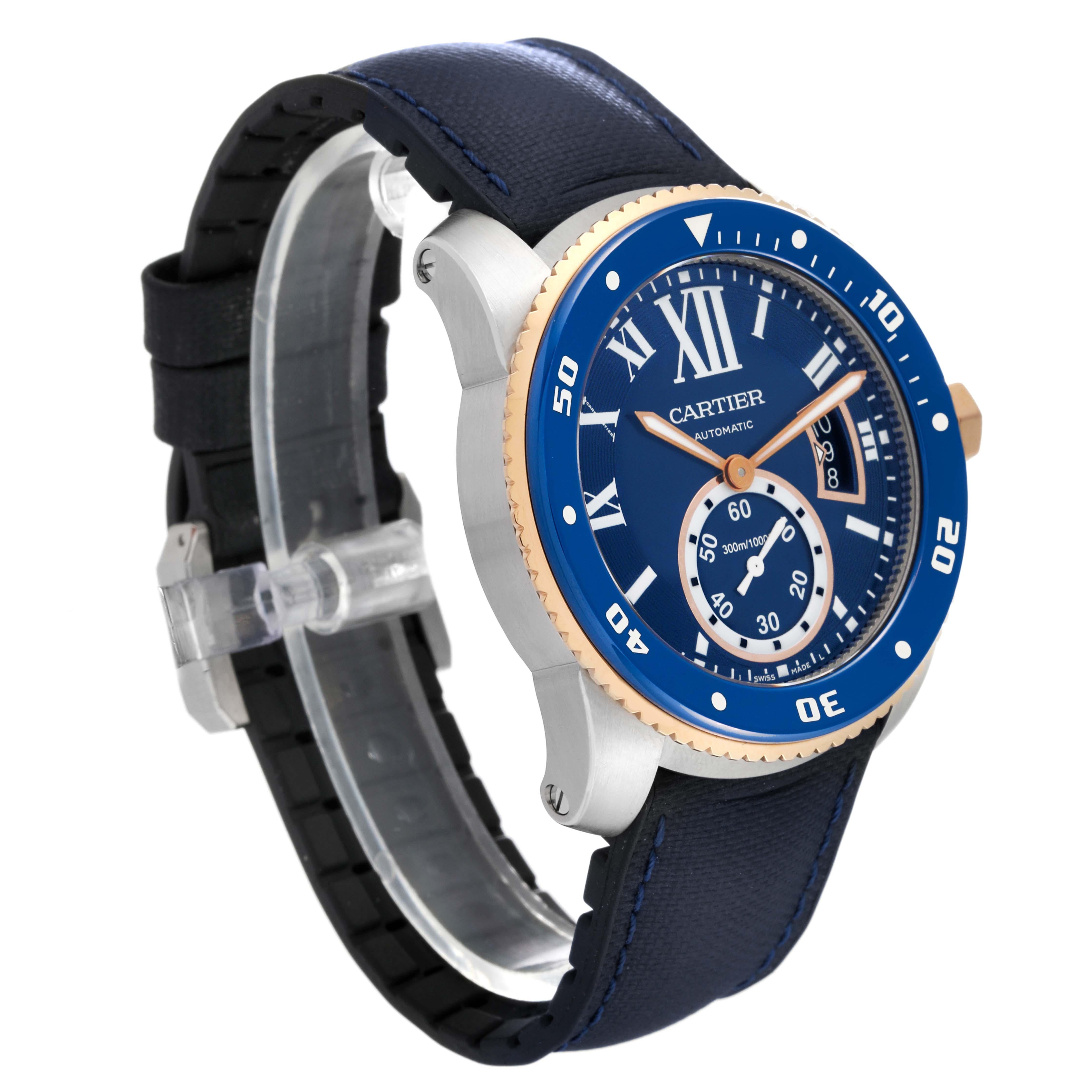 Cartier Calibre Diver Steel Rose Gold Blue Dial Mens Watch W2CA0008 Box Card In Excellent Condition For Sale In Atlanta, GA