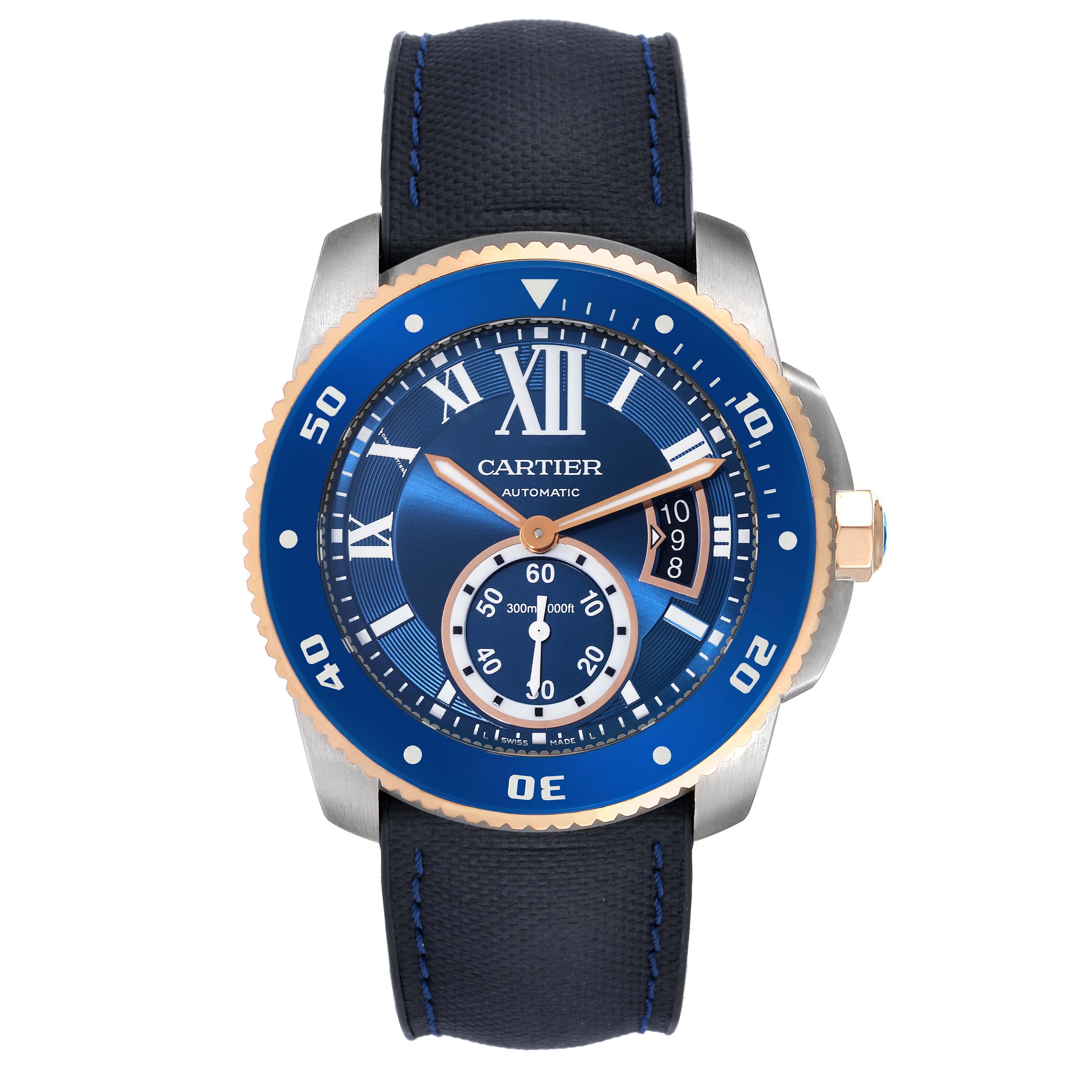 Cartier Calibre Diver Steel Rose Gold Blue Dial Mens Watch W2CA0008 Box Papers. Automatic self-winding movement. Stainless steel round case 42.0 mm in diameter. 18K rose gold crown set with faceted blue spinel. Case thickness: 11 mm. Blue ADLC