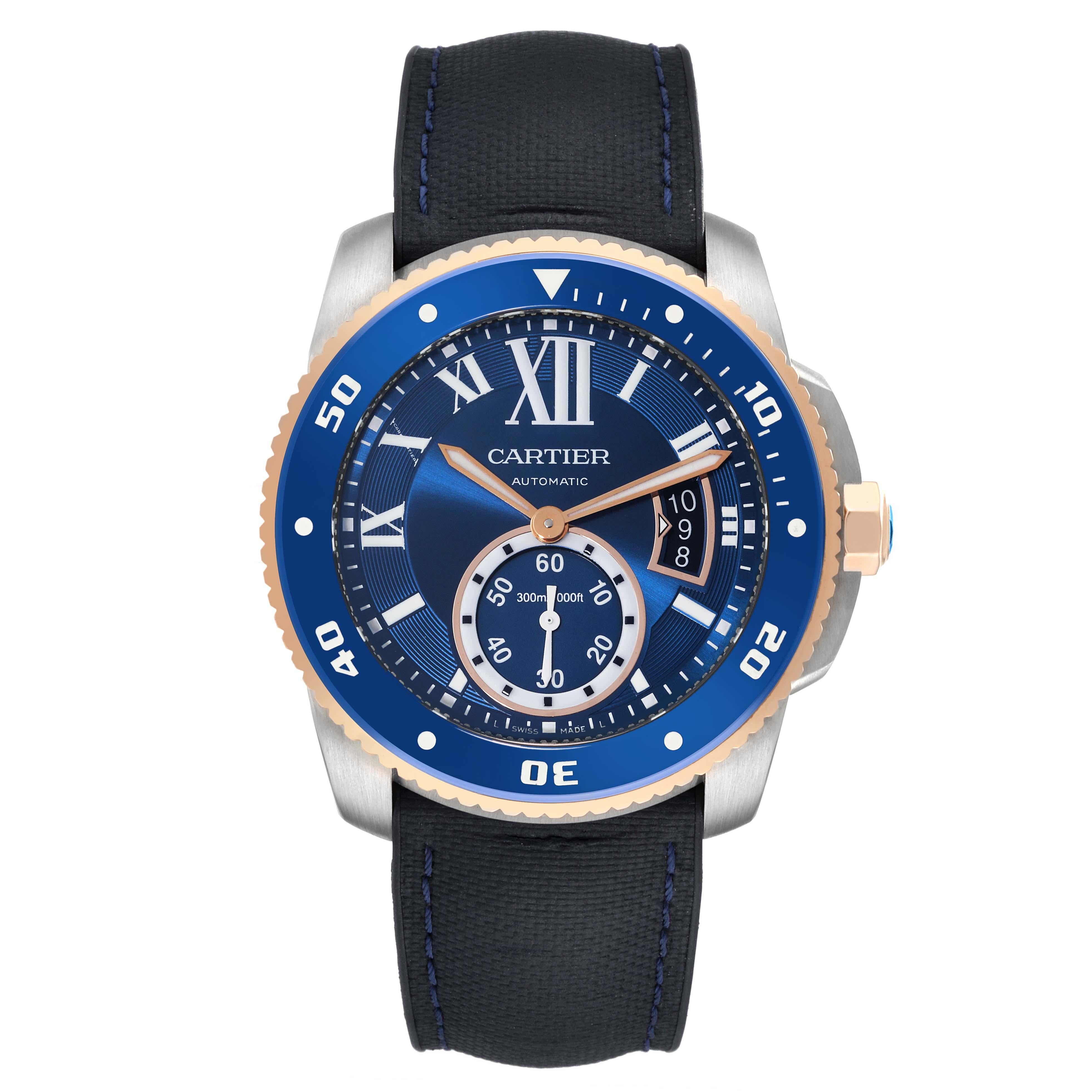 Cartier Calibre Diver Steel Rose Gold Blue Dial Mens Watch W2CA0008 Card. Automatic self-winding movement. Stainless steel round case 42.0 mm in diameter. Octagonal 18k rose gold crown set with faceted blue spinel. Case thickness: 11 mm. Blue ADLC