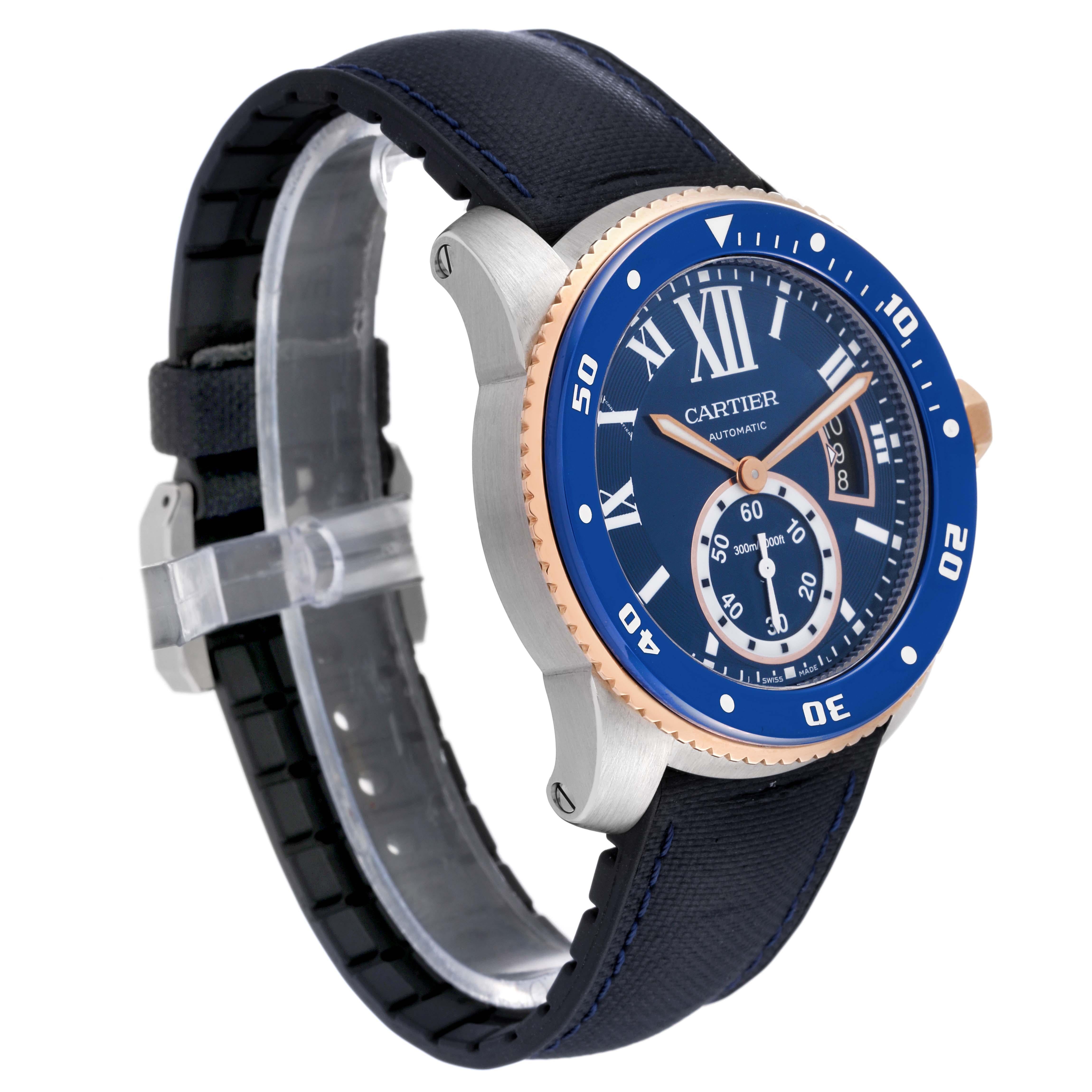 Cartier Calibre Diver Steel Rose Gold Blue Dial Mens Watch W2CA0008 Card In Excellent Condition For Sale In Atlanta, GA