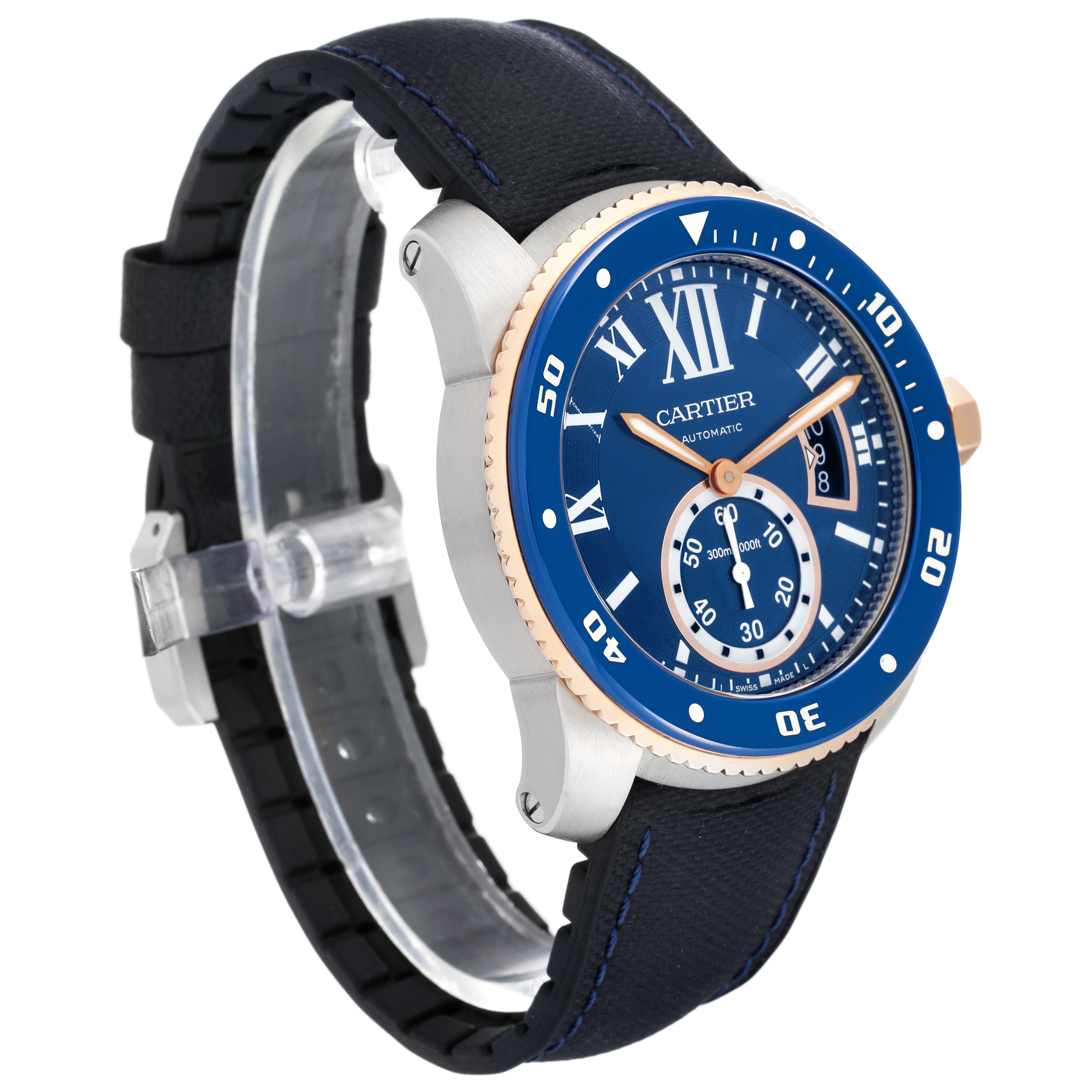 Cartier Calibre Diver Steel Rose Gold Blue Dial Mens Watch W2CA0008 In Excellent Condition For Sale In Atlanta, GA