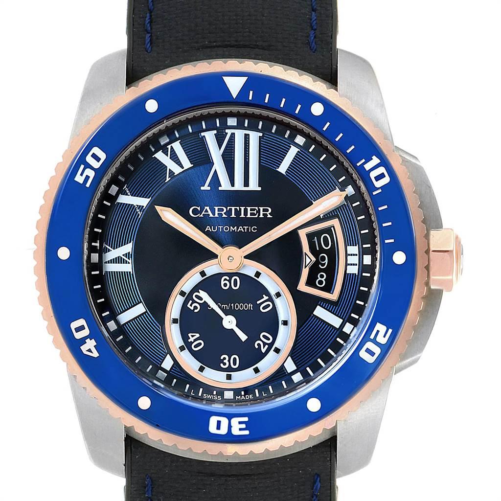 Cartier Calibre Diver Steel Rose Gold Blue Dial Mens Watch W2CA0009. Automatic self-winding movement. Stainless steel round case 42.0 mm in diameter. 18K rose gold crown set with faceted blue spinel. Case thickness: 11 mm. Blue ADLC coated stainless