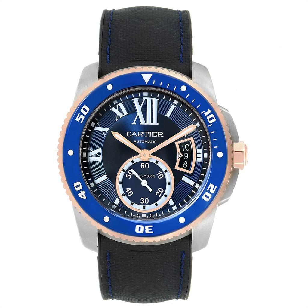 Cartier Calibre Diver Steel Rose Gold Blue Dial Men's Watch W2CA0009 In Excellent Condition In Atlanta, GA