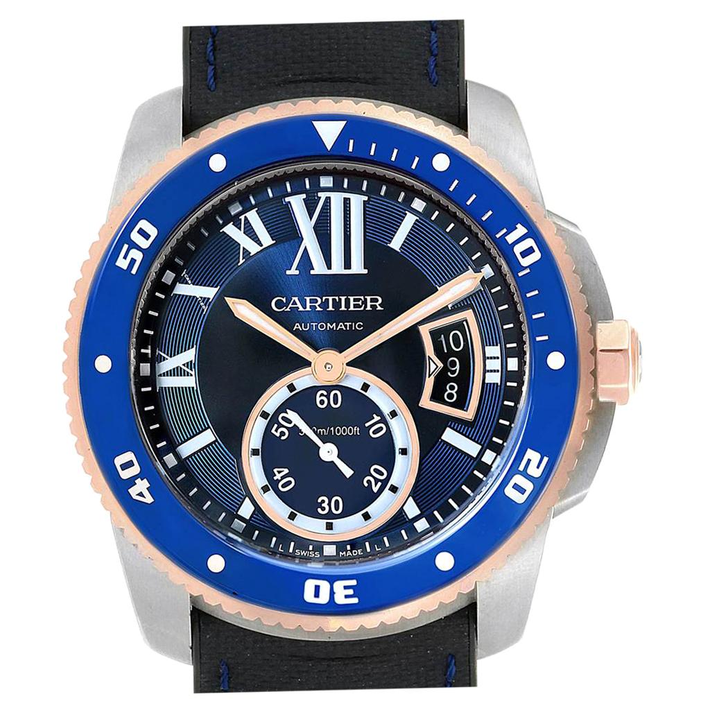 Cartier Calibre Diver Steel Rose Gold Blue Dial Men's Watch W2CA0009