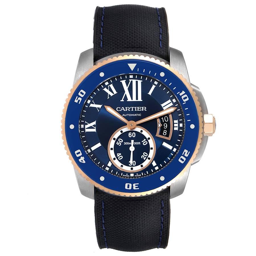 Cartier Calibre Diver Steel Rose Gold Blue Dial Watch W2CA0008 Box Papers. Automatic self-winding movement. Stainless steel round case 42.0 mm in diameter. 18K rose gold crown set with faceted blue spinel. Case thickness: 11 mm. Blue ADLC coated