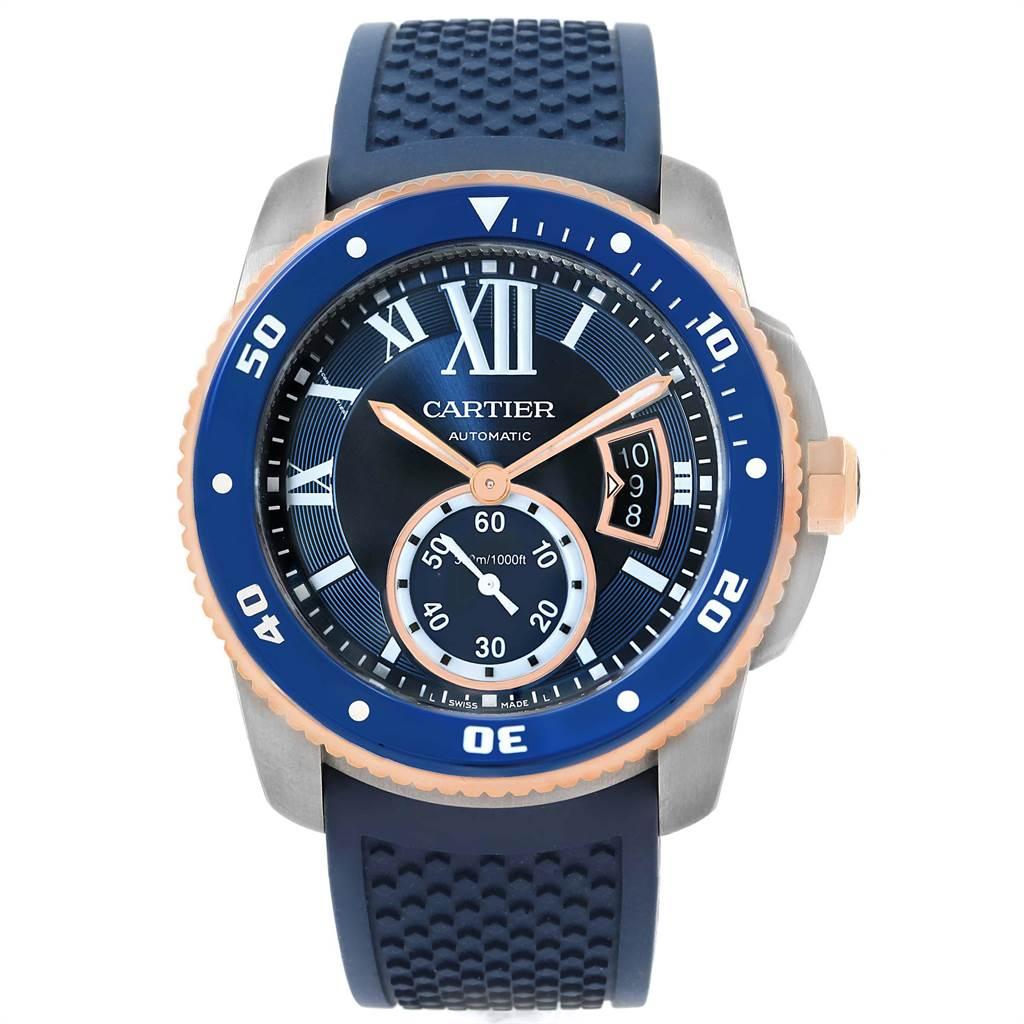 Cartier Calibre Diver Steel Rose Gold Blue Strap Watch W2CA0009 Box Card. Automatic self-winding movement. Stainless steel round case 42.0 mm in diameter. 18K rose gold crown set with faceted blue spinel. Case thickness: 11 mm. Blue ADLC coated
