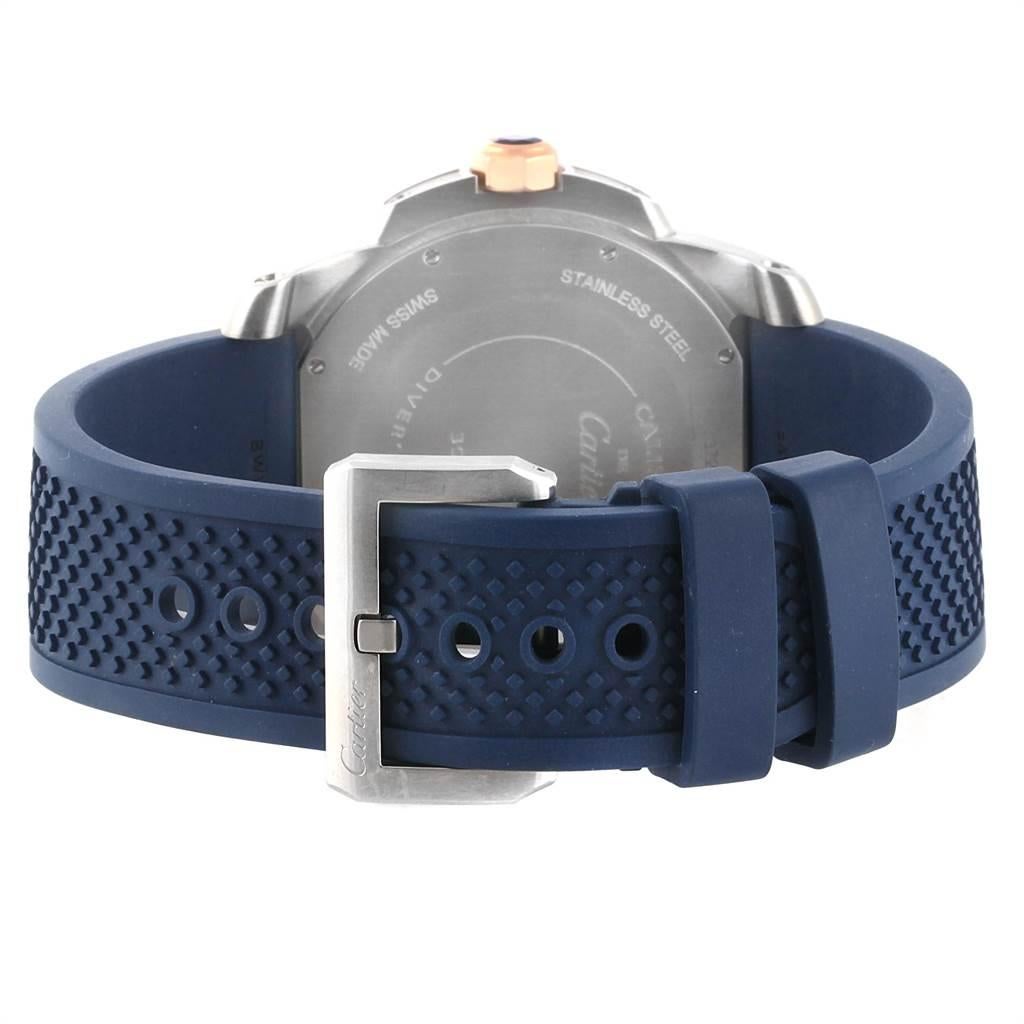 Cartier Calibre Diver Steel Rose Gold Blue Strap Watch W2CA0009 Box Card For Sale 2
