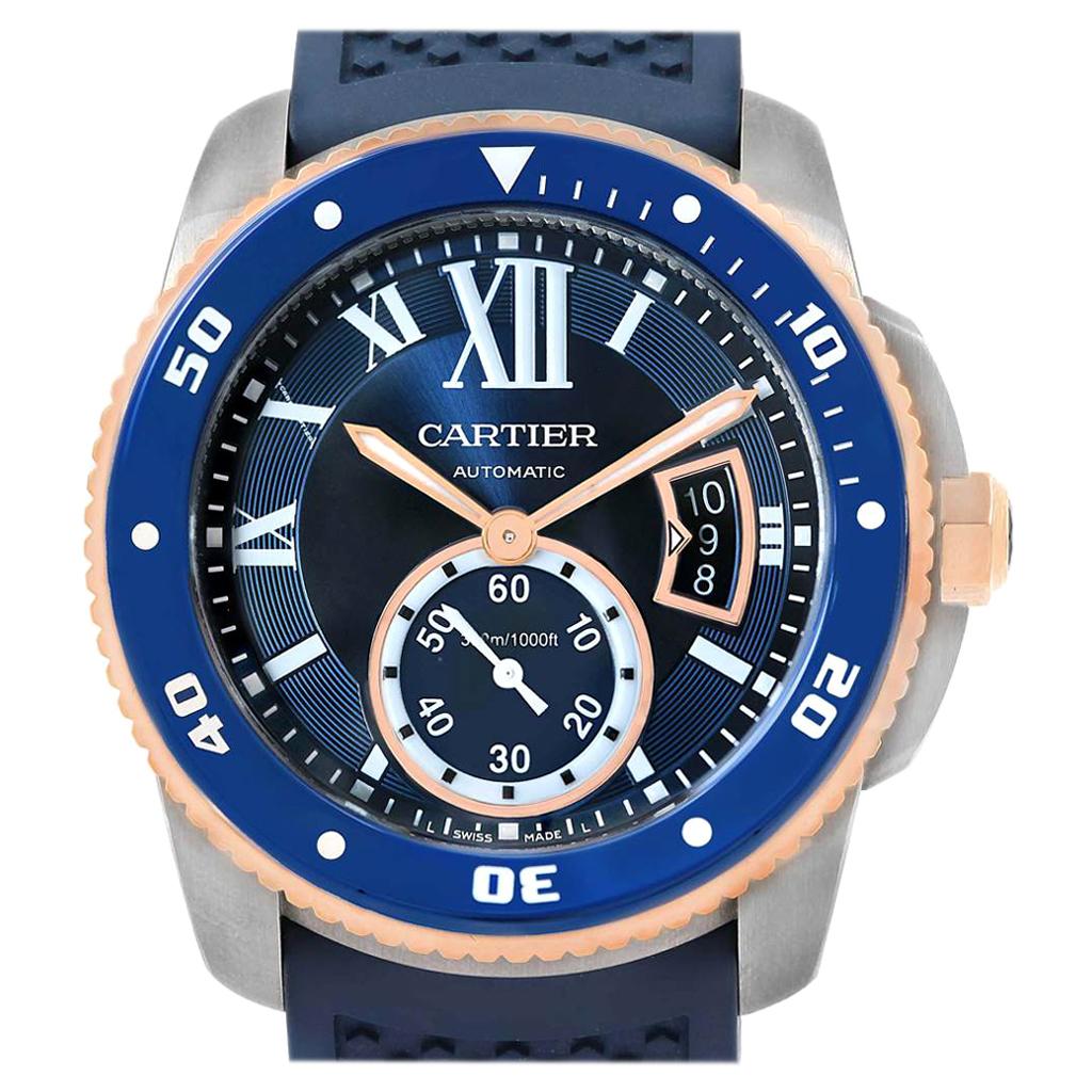 Cartier Calibre Diver Steel Rose Gold Blue Strap Watch W2CA0009 Box Card For Sale