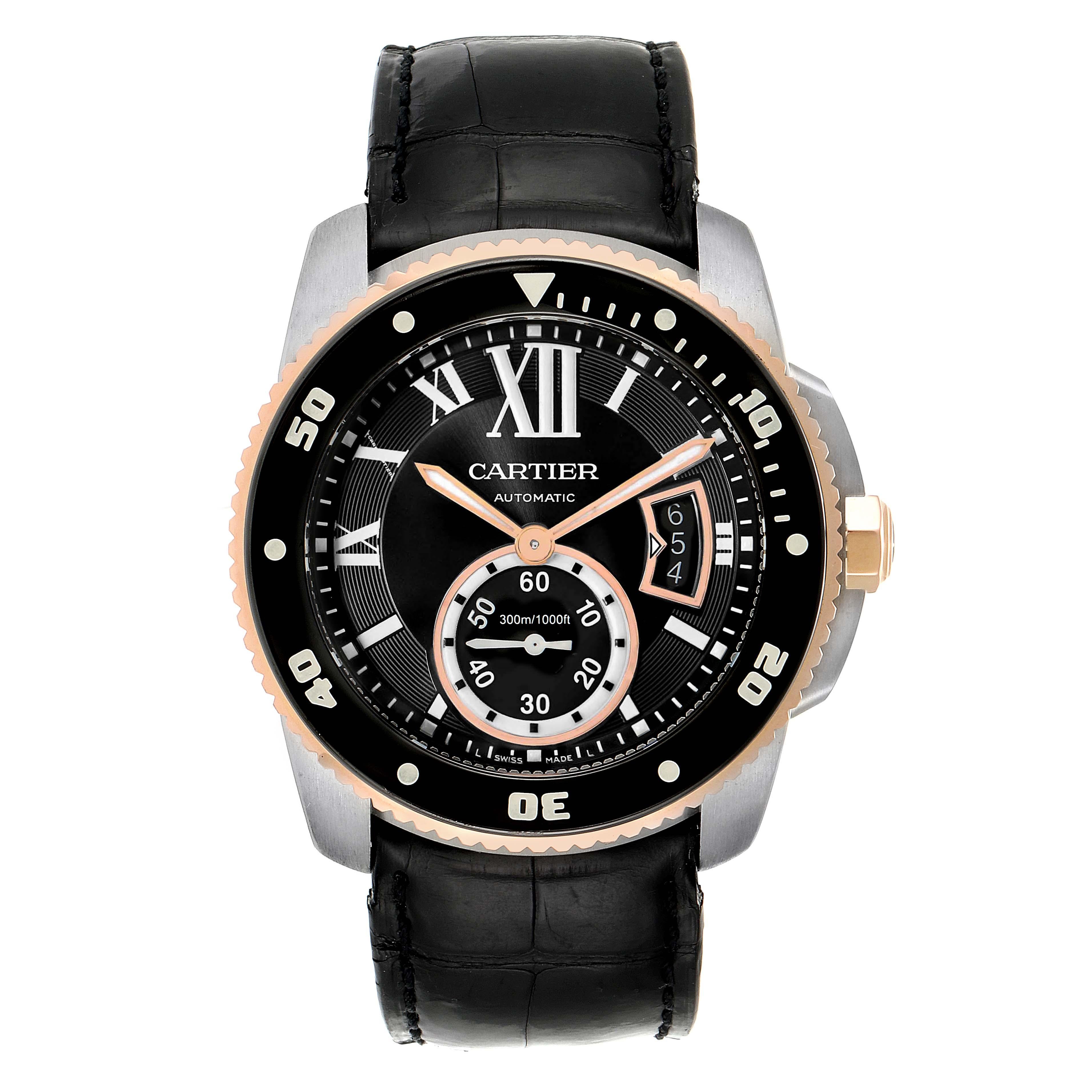 Cartier Calibre Diver Steel Rose Gold Leather Strap Mens Watch W7100055. Automatic self-winding movement. Stainless steel round case 42 mm in diameter. 18K rose gold crown set with faceted blue spinel. Case thickness: 11 mm. Black ADLC coated