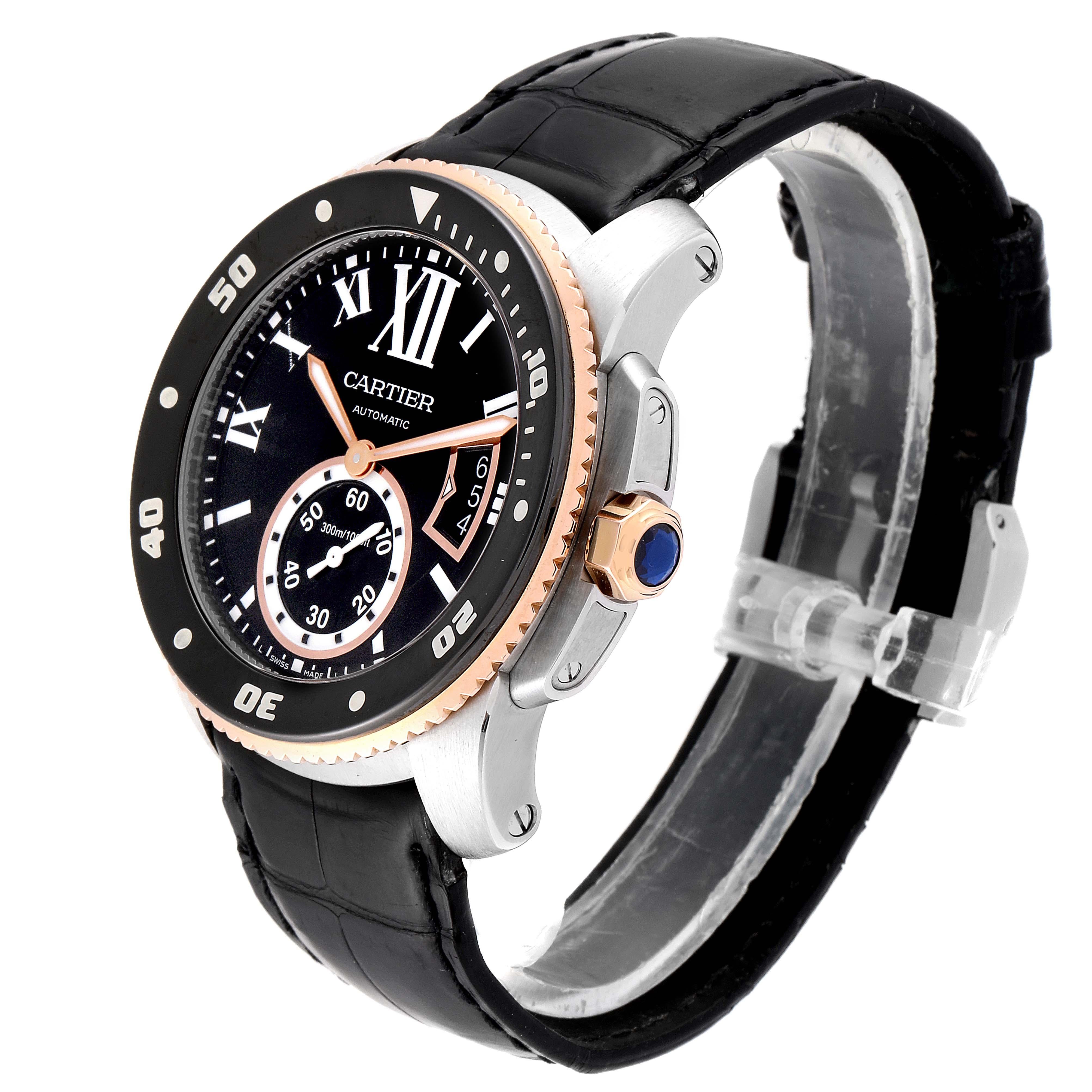 Cartier Calibre Diver Steel Rose Gold Leather Strap Men's Watch W7100055 In Excellent Condition For Sale In Atlanta, GA