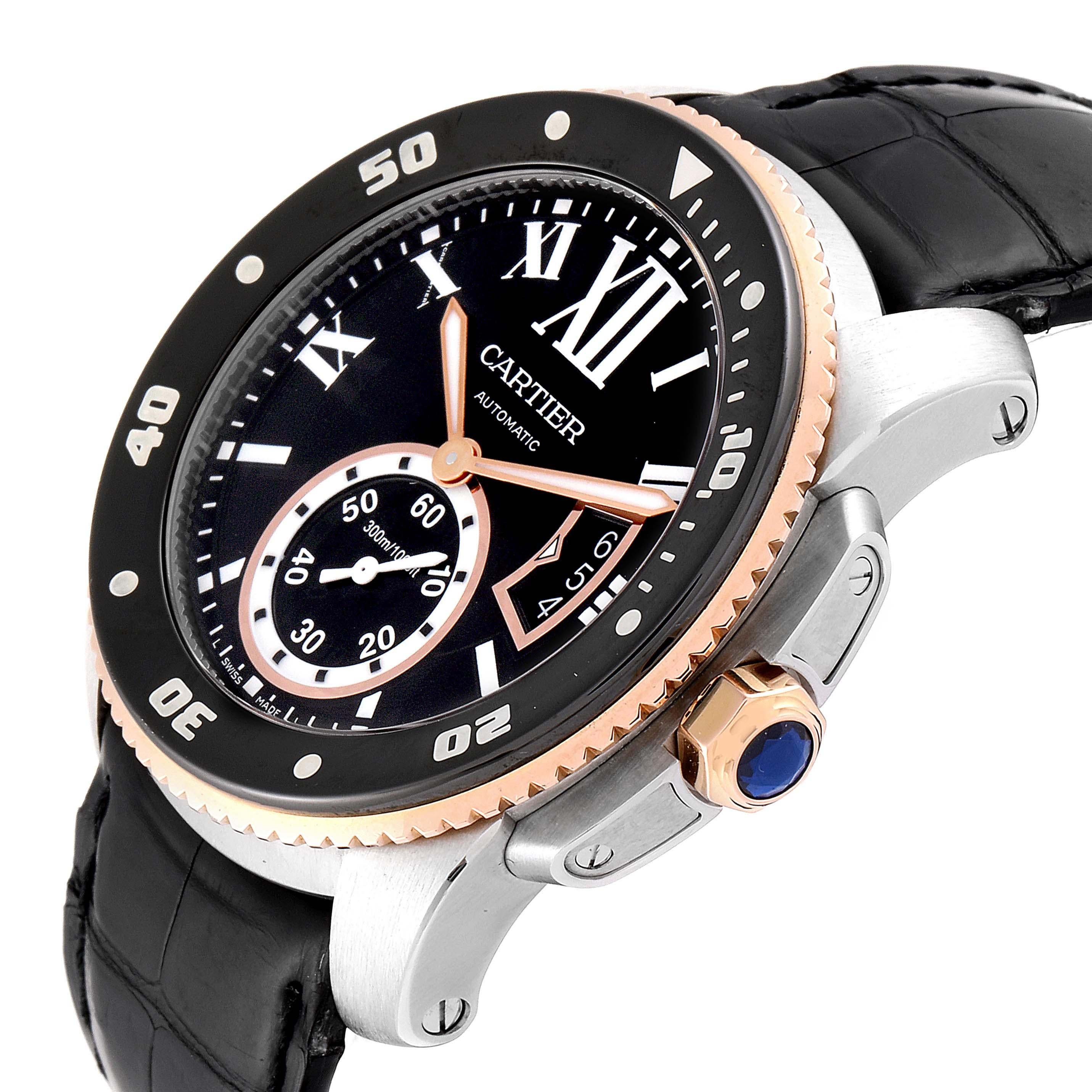 Cartier Calibre Diver Steel Rose Gold Leather Strap Men's Watch W7100055 For Sale 1