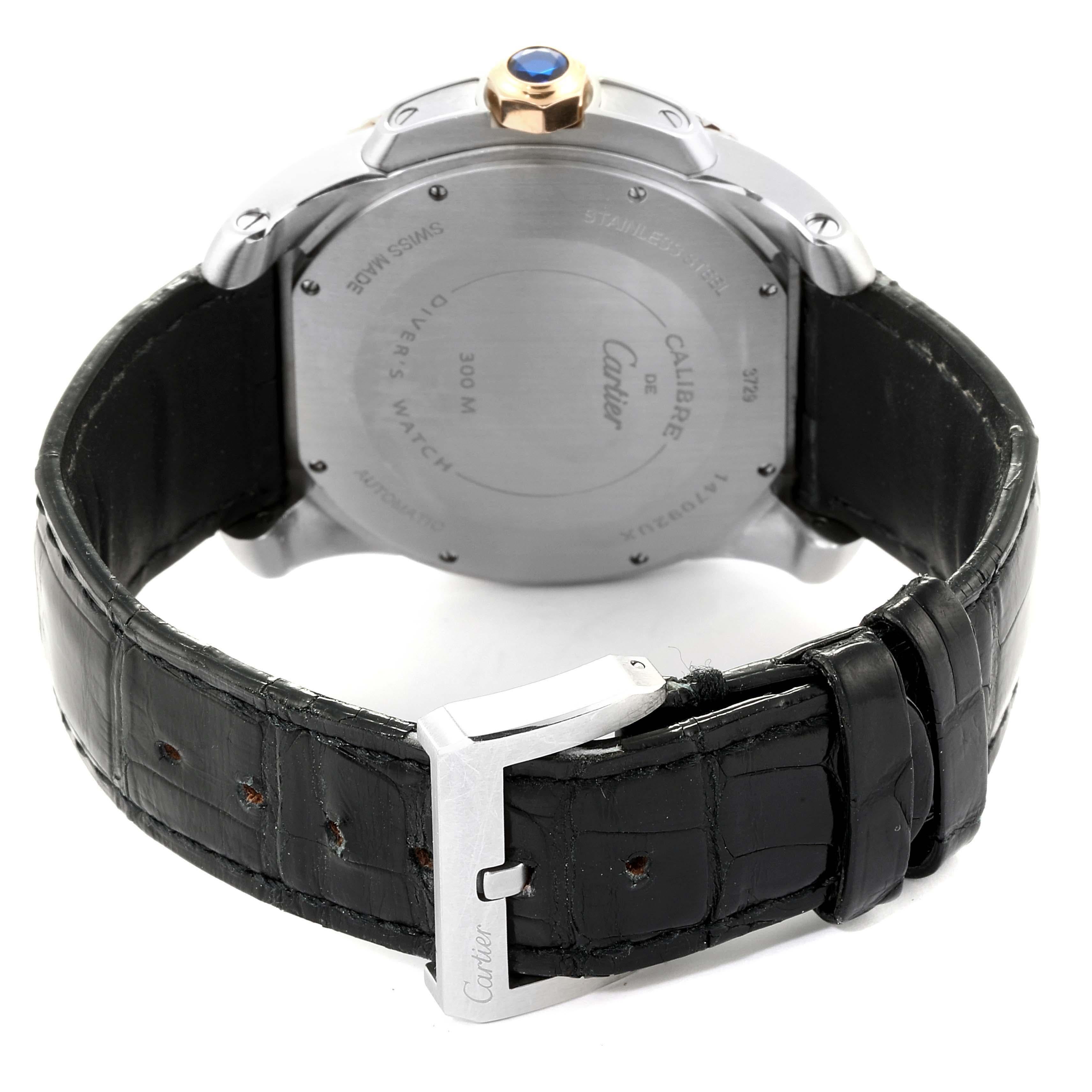 Cartier Calibre Diver Steel Rose Gold Leather Strap Men's Watch W7100055 For Sale 2