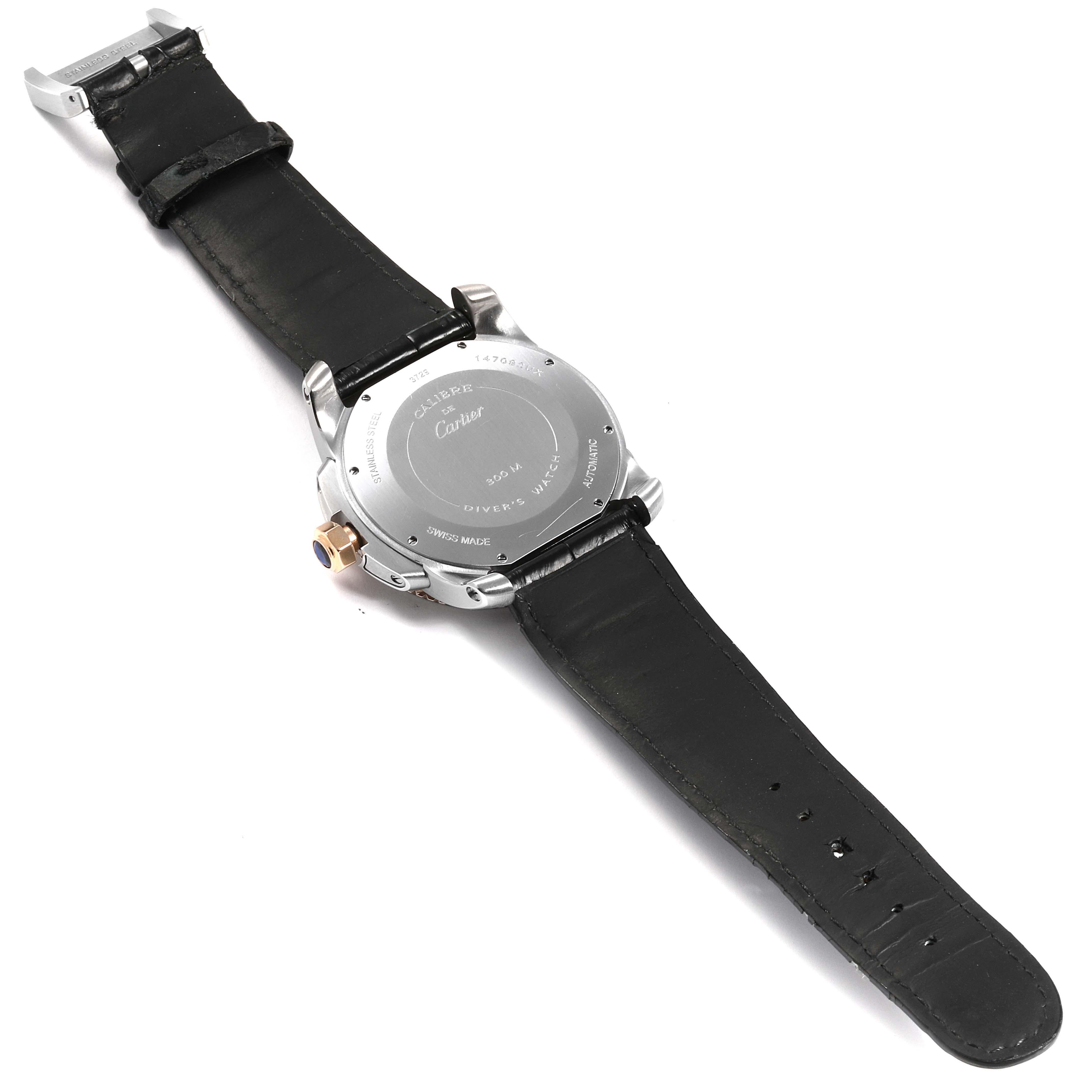 Cartier Calibre Diver Steel Rose Gold Leather Strap Men's Watch W7100055 For Sale 5