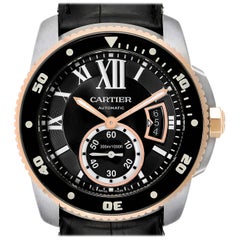 Cartier Calibre Diver Steel Rose Gold Leather Strap Men's Watch W7100055