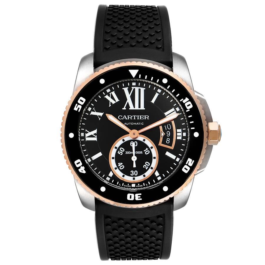 Cartier Calibre Diver Steel Rose Gold Mens Watch W7100055 Box Papers. Automatic self-winding movement. Stainless steel round case 42 mm in diameter. 18K rose gold crown set with faceted blue spinel. Case thickness: 11 mm. Black ADLC coated stainless
