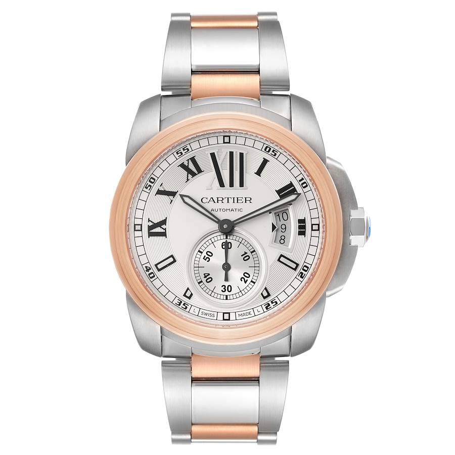 Cartier Calibre Diver Steel Rose Gold Silver Dial Watch W7100036 Box Papers. Automatic self-winding movement. Stainless steel round case 42.0 mm in diameter. 18K rose gold crown set with faceted blue spinel. 18K rose gold bezel. Scratch resistant