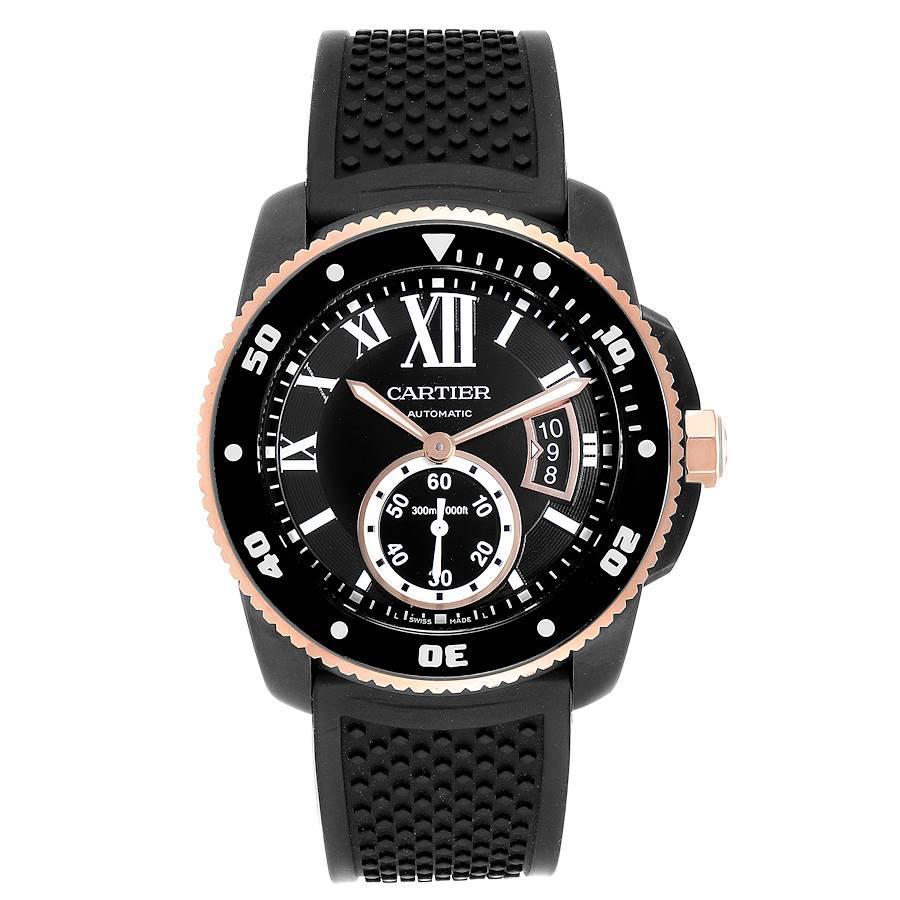 Cartier Calibre DiverCarbon Rose Gold Rubber Mens Watch W2CA0004 Box Papers. Automatic self-winding movement. Black ADLC coated stainless steel round case 42.0 mm in diameter. 18K rose gold crown set with faceted blue spinel. Case thickness: 11 mm.