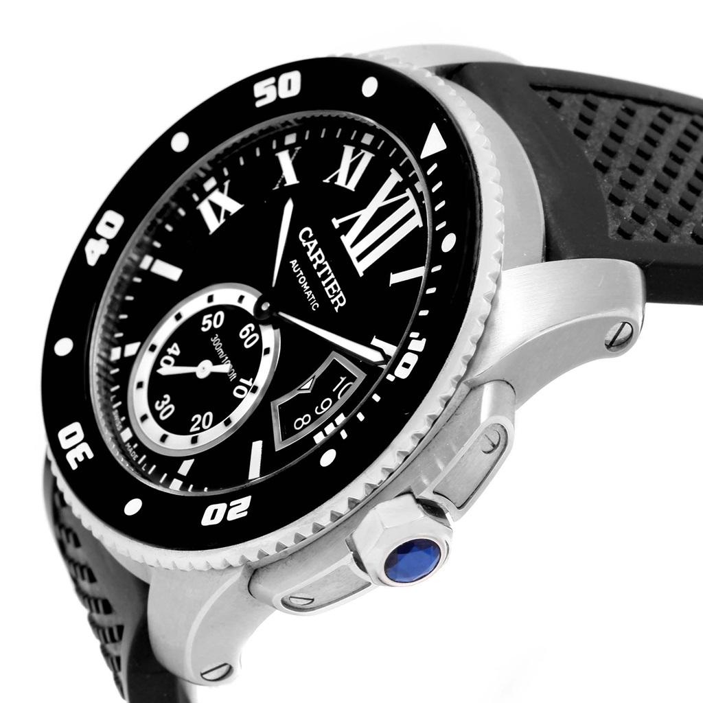 Cartier Calibre Divers Black Dial Rubber Strap Men's Watch W7100056 In Excellent Condition For Sale In Atlanta, GA