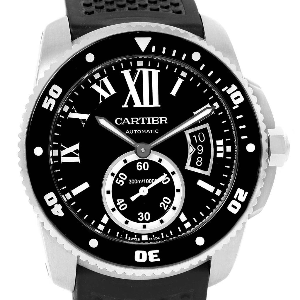Cartier Calibre Divers Black Dial Rubber Strap Men's Watch W7100056 For Sale