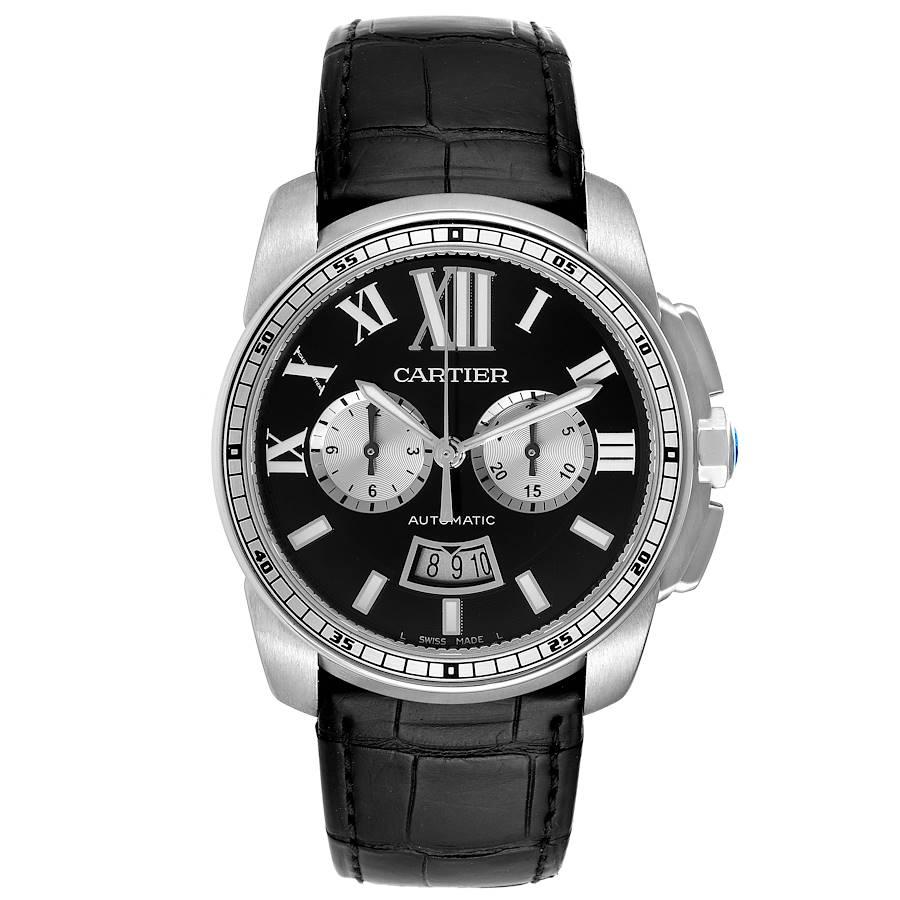 Cartier Calibre Divers Black Dial Rubber Strap Mens Watch W7100060. Automatic self-winding movement. Stainless steel round case 42 mm in diameter. Crown cover with faceted blue spinel. Case thickness: 12.7 mm. Stainless steel fixed bezel. Scratch