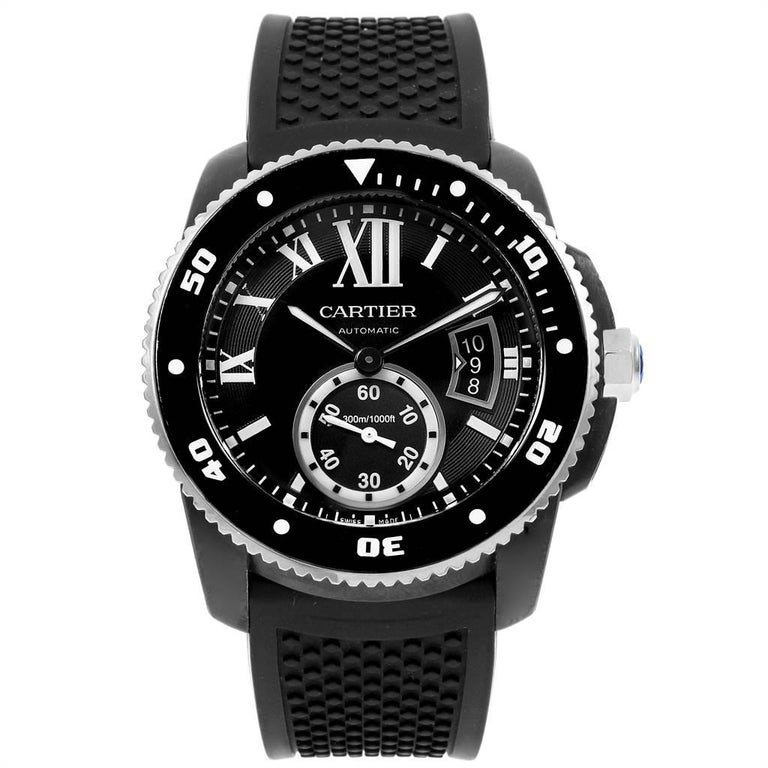 Cartier Calibre Divers Black Rubber Steel Men's Watch W7100056 Box ...