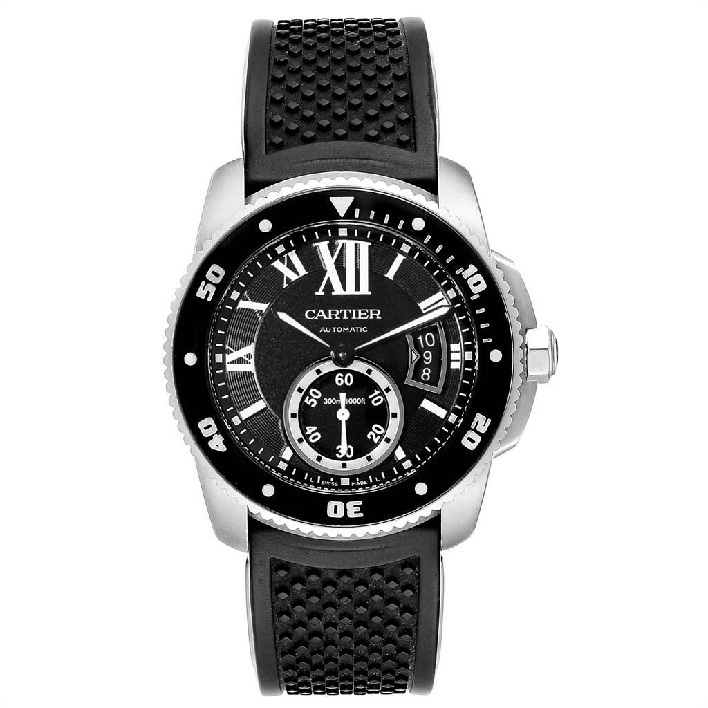 Cartier Calibre Divers Black Rubber Strap Steel Mens Watch W7100056. Automatic self-winding movement. Stainless steel round case 42.0 mm in diameter. Crown cover with faceted blue spinel. Case thickness: 12.7 mm. Stainless steel unidirectional