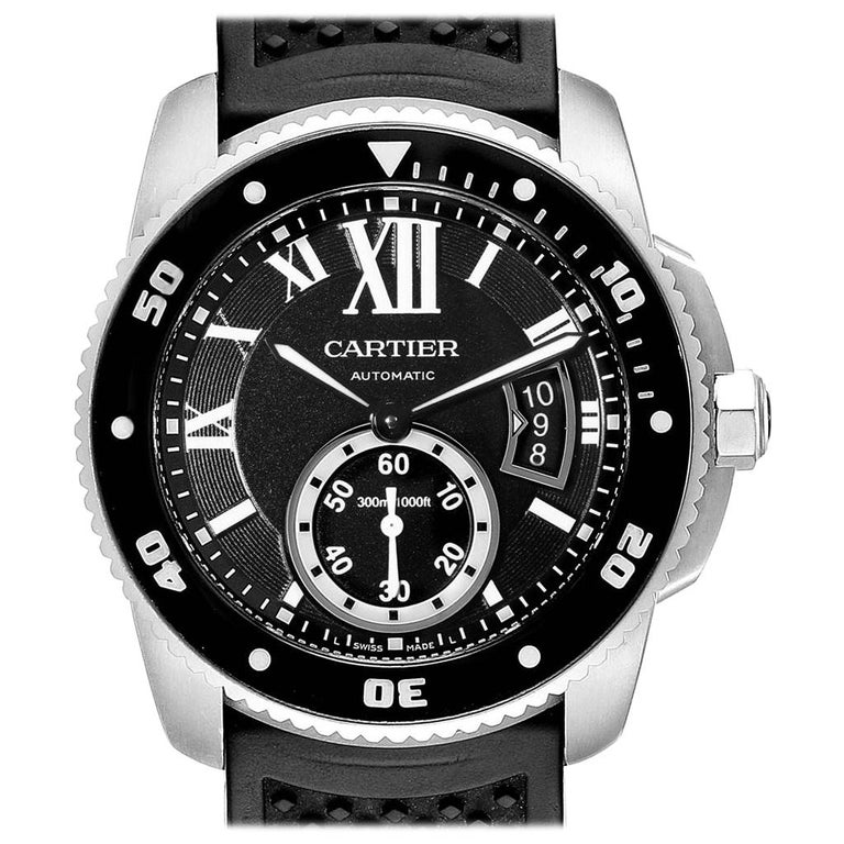 Cartier Calibre Divers Black Rubber Strap Steel Men's Watch W7100056 ...