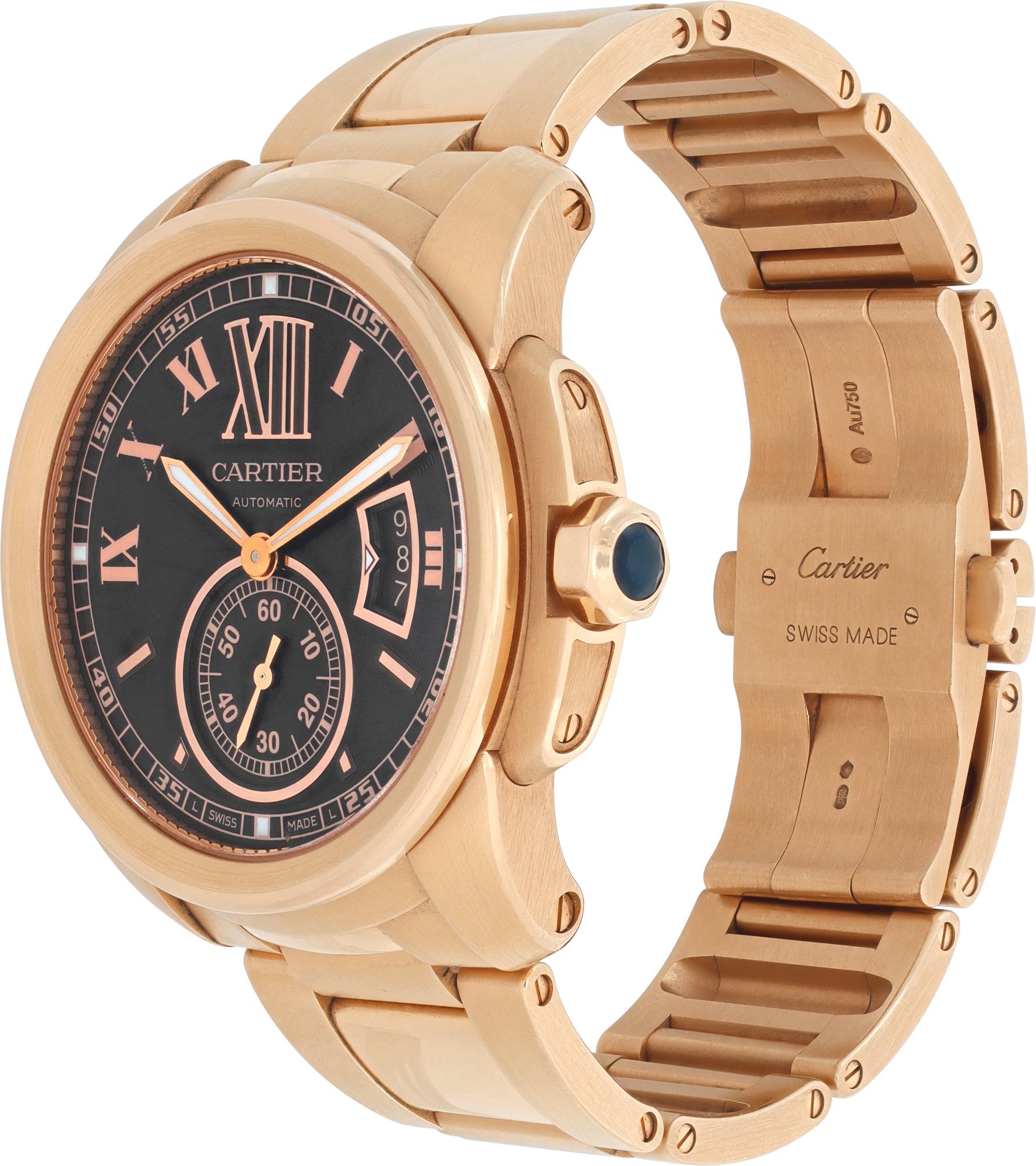 Cartier Calibre with chocolate brown dial in 18k rose gold. Date display appears at the 3 o'clock position. Small seconds sub-dial above the 6 o'clock position. Auto w/ sweep seconds and date. 42 mm case size. Ref W7100040. Circa 2000s. Fine