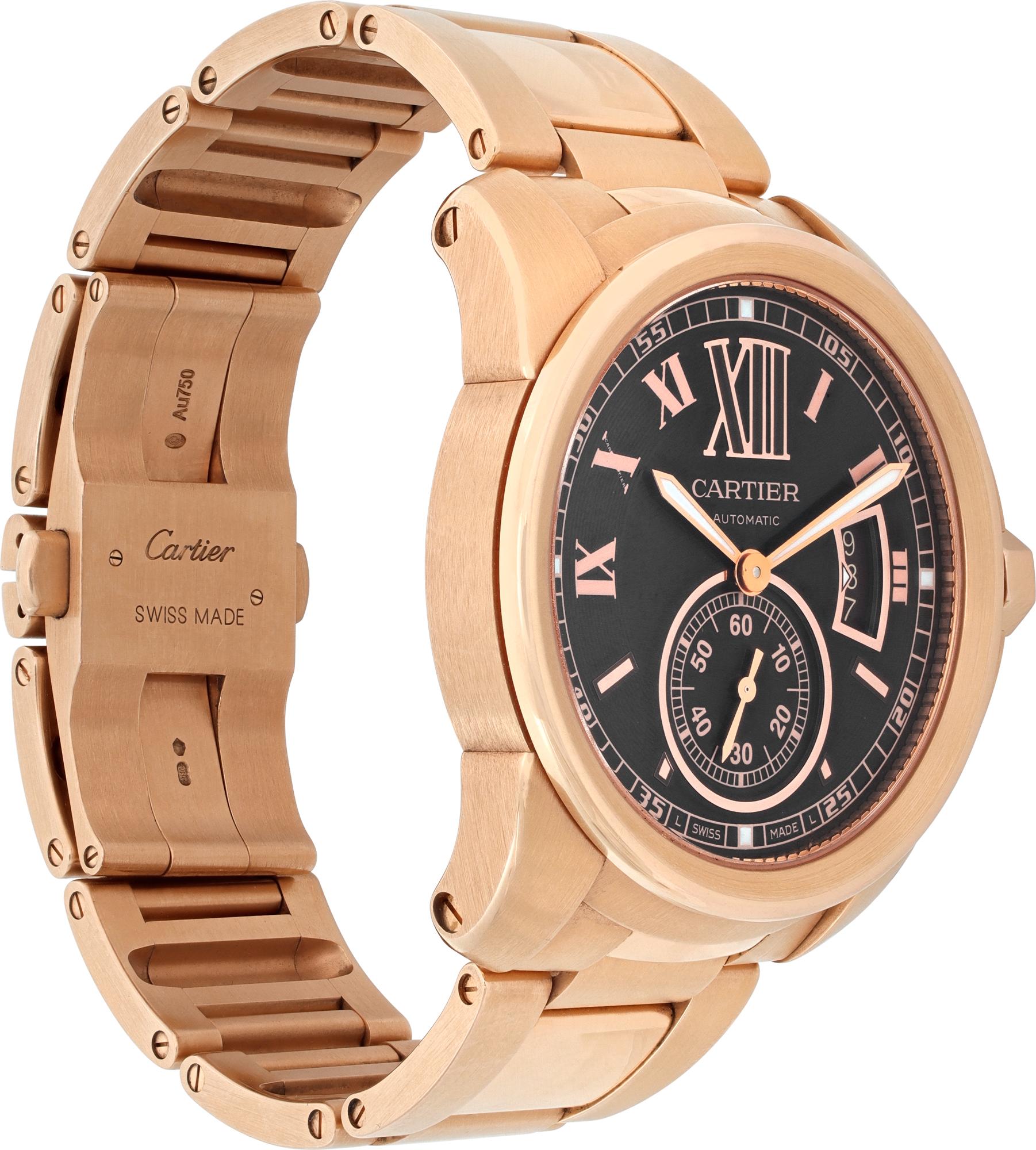 Cartier Calibre Gold Automatic Wristwatch w/ Chocolate Brown Dial Ref W7100040 In Excellent Condition For Sale In Surfside, FL
