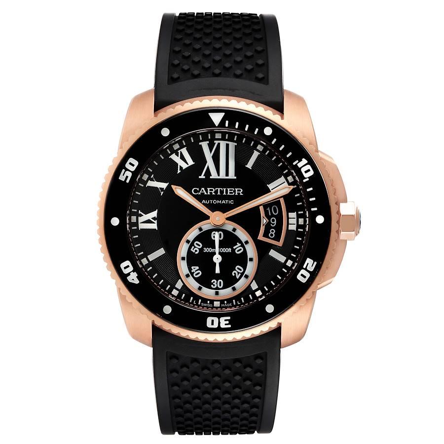 Cartier Calibre Rose Gold Black Dial Automatic Mens Watch W7100052 Box Papers. Automatic self-winding movement. 18K rose gold round case 42 mm in diameter. 18K rose gold crown set with faceted blue sapphire. 18K rose gold unidirection rotating bezel