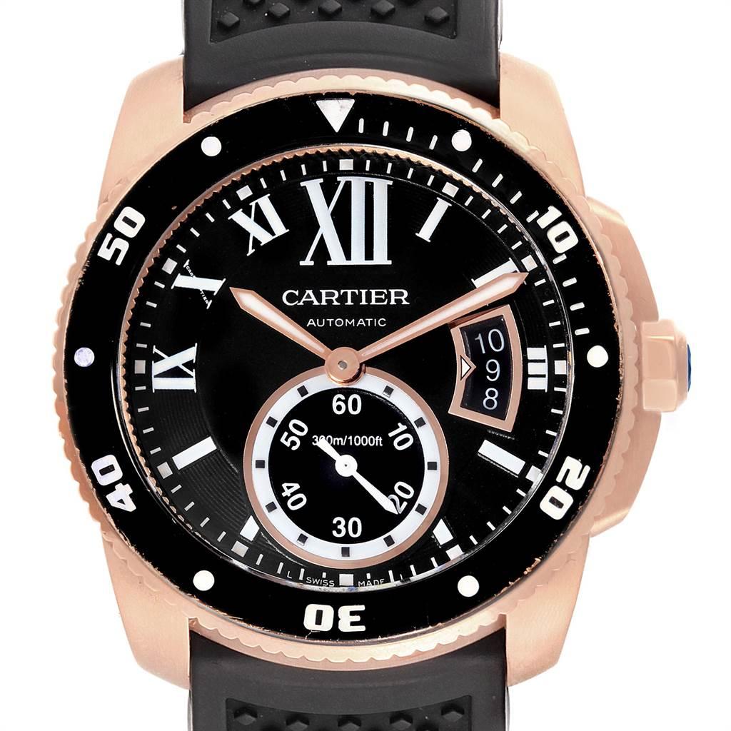 Cartier Calibre Rose Gold Black Dial Automatic Mens Watch W7100052. Automatic self-winding movement. 18K rose gold round case 42 mm in diameter. 18K rose gold crown set with faceted blue sapphire. 18K rose gold fixed bezel. Scratch resistant