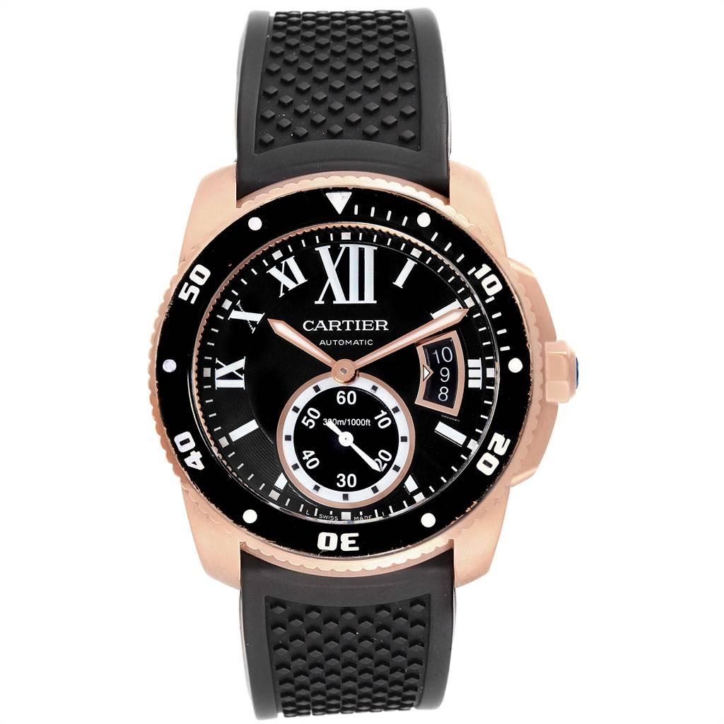 Cartier Calibre Rose Gold Black Dial Automatic Men's Watch W7100052 In Good Condition In Atlanta, GA