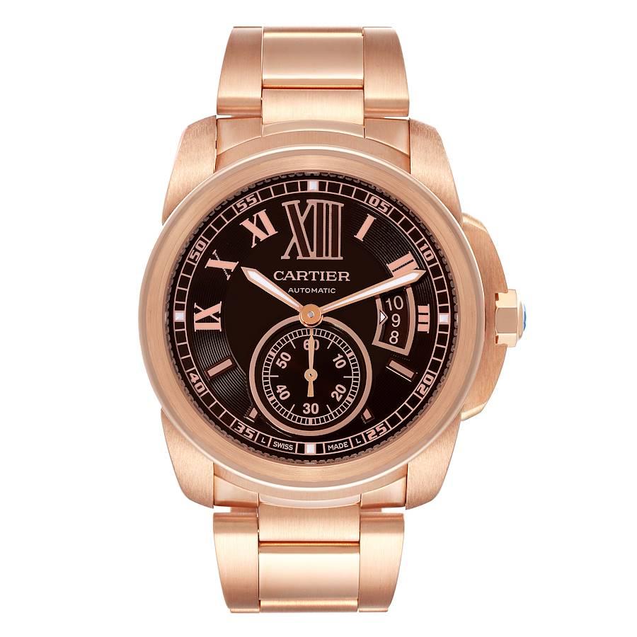 Cartier Calibre Rose Gold Brown Dial Automatic Mens Watch W7100040. Automatic self-winding movement. 18K rose gold round case 42 mm in diameter. 18K rose gold crown set with faceted blue sapphire. Exhibition sapphire caseback. 18K rose gold bezel.