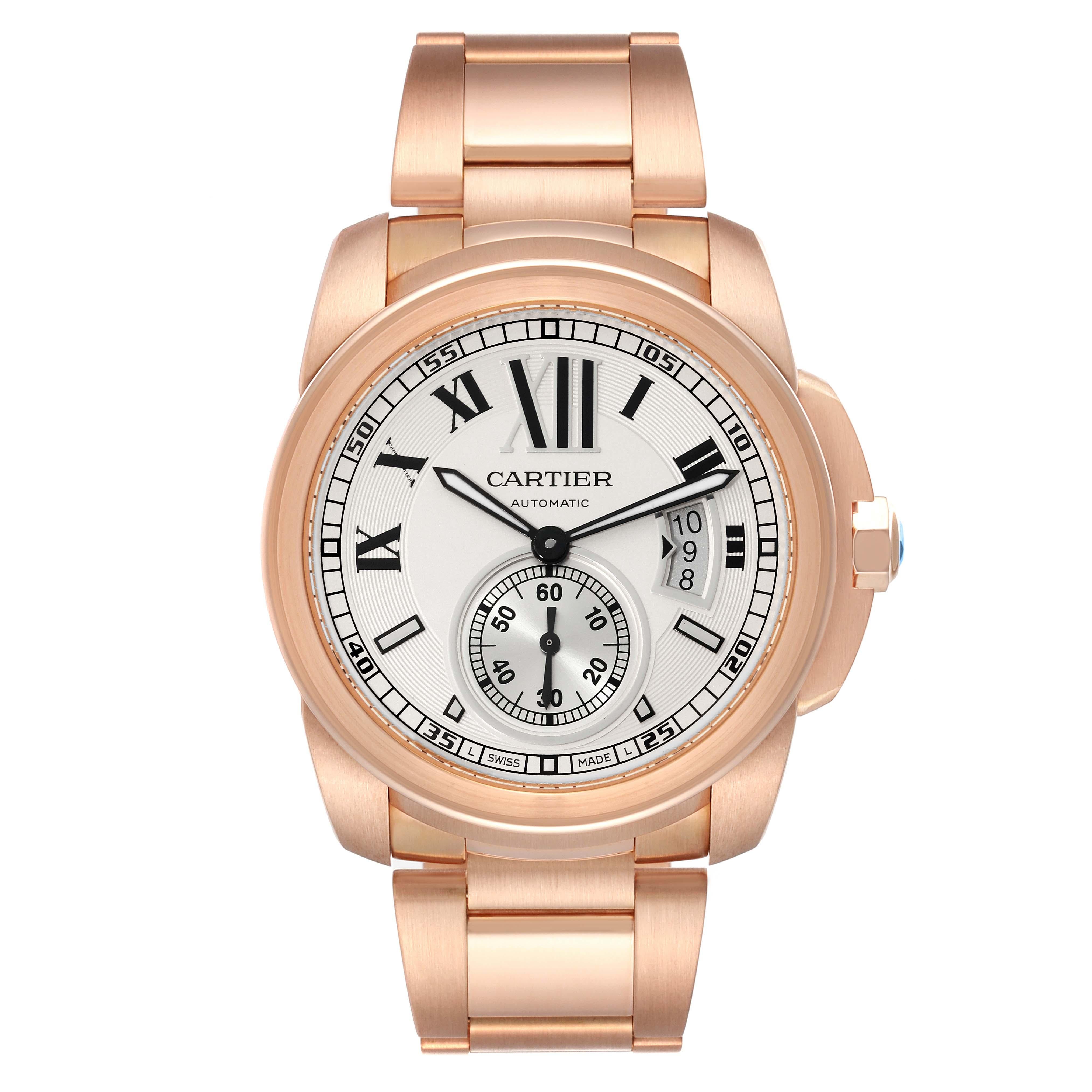 Cartier Calibre Rose Gold Silver Dial Automatic Mens Watch W7100018. Automatic self-winding movement. 18K rose gold round case 42 mm in diameter. 18K rose gold crown set with faceted blue sapphire cabochon. Transparent exhibition sapphire crystal